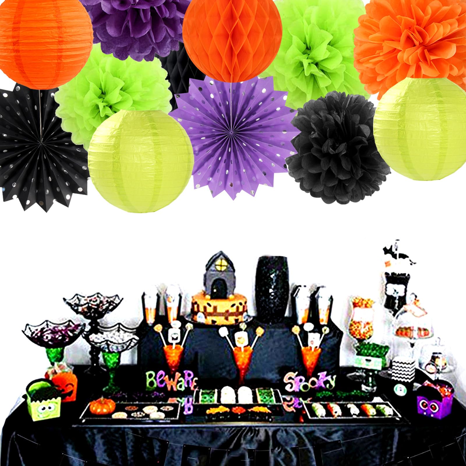 Black-Orange Purple Green Halloween Party-Decorations - 14Pc Kit Paper Lanterns Fan,Tissue Flower Pom Poms Streamers,Honeycomb B