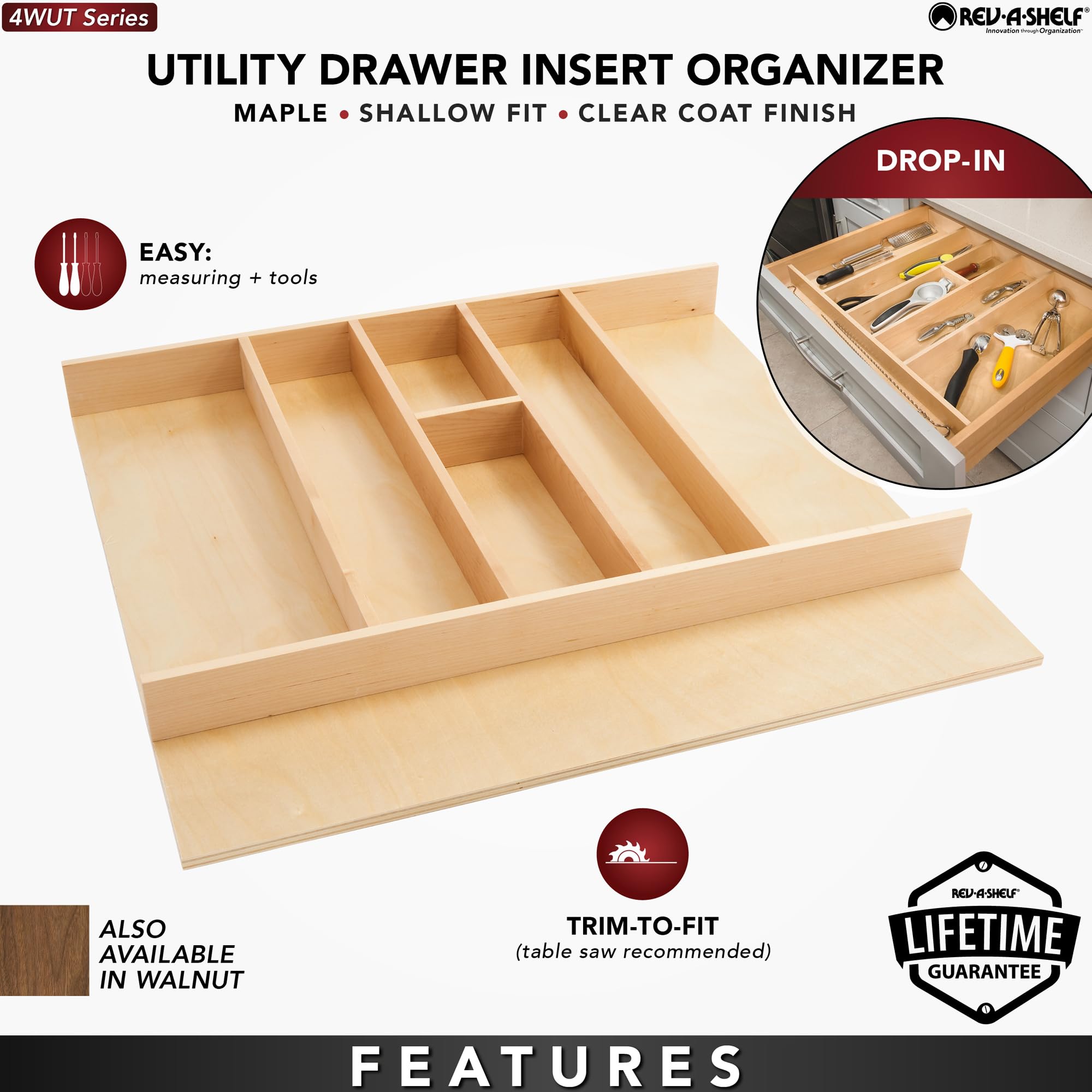 Rev-A-Shelf Trim-To-Fit Shallow Drawer Organizer For Kitchen Utensils, Cutlery Cabinet Storage Divider Insert, 23.98 X 21.97 In,