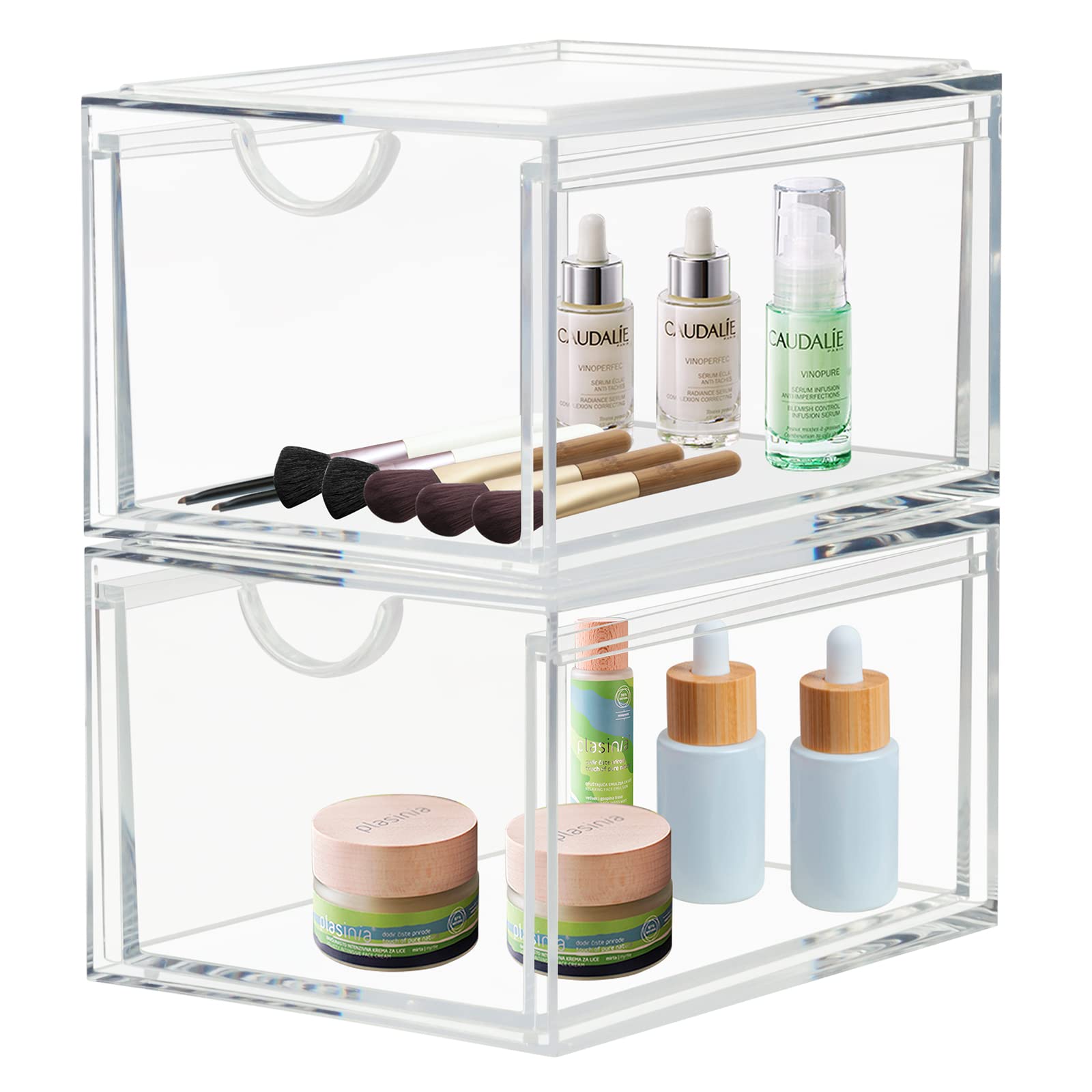 Cecolic 2 Pack Stackable Cosmetic Organizer Drawers, Clear Acrylic Makeup Storage Organizer Box, Plastic Storage Bins Vanity Con