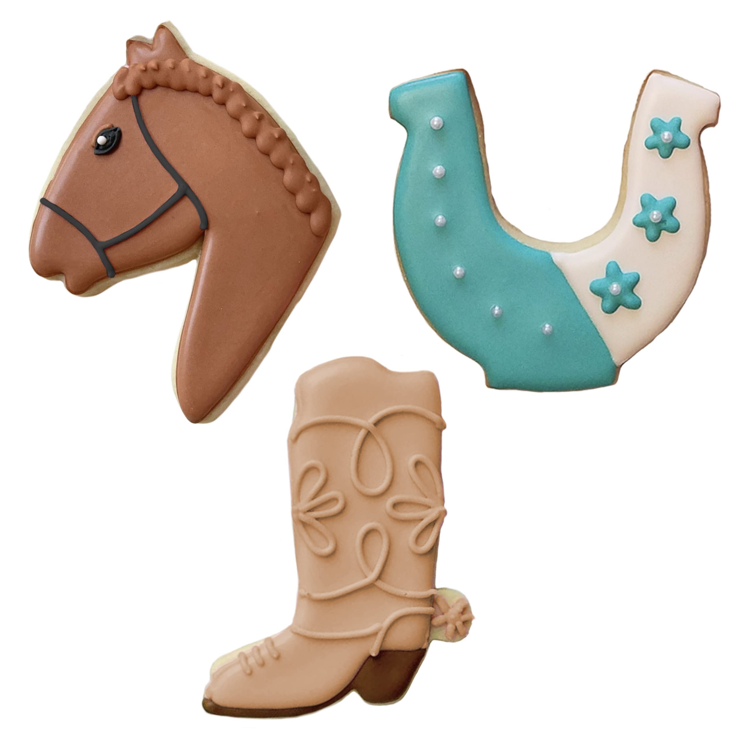 Western/Horse Cowboy Cookie Cutters 3-Pc. Set Made In The Usa By Ann Clark, Horse Head, Cowboy Boot, And Horseshoe