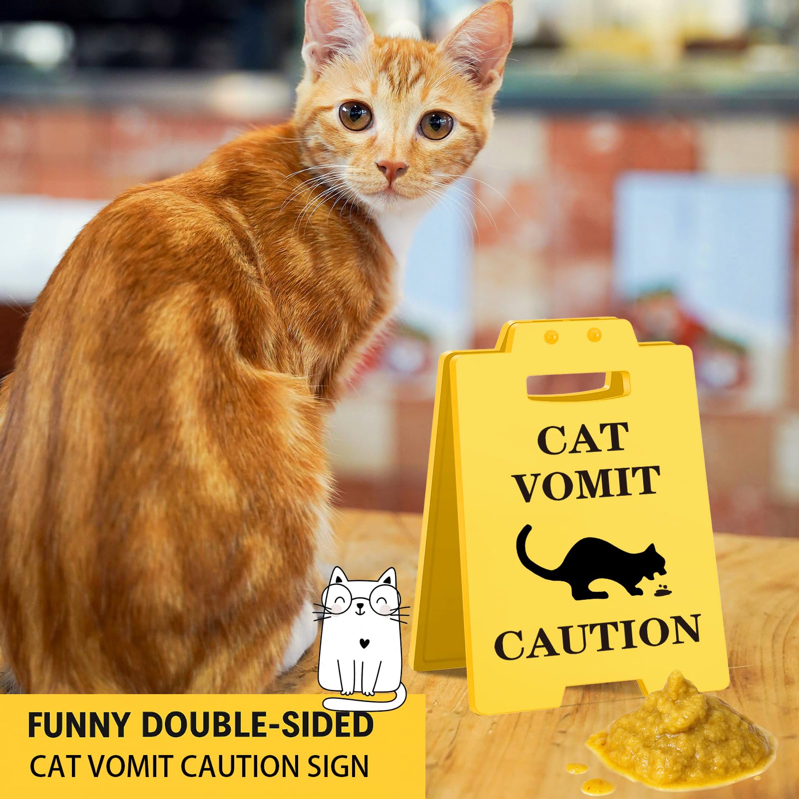 Funny Cat Vomit Caution Signs - 3 Pack Humorous Double-Sided Printing Desk Decor, Ideal Gag Gifts for Pet Owners & Cat Fans, Hil