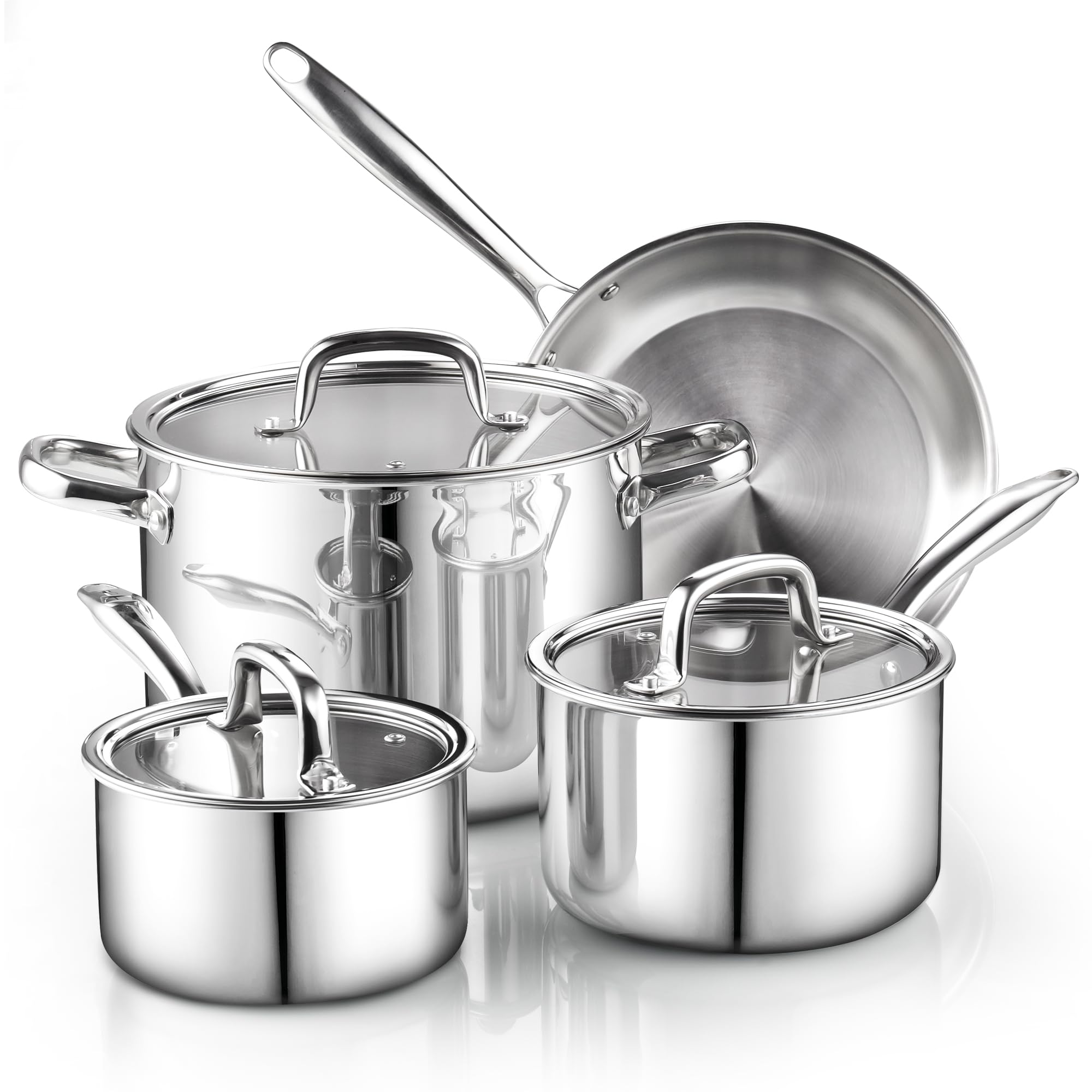 Cook N Home 7-Piece Tri-Ply Clad Stainless Steel Cookware Set, Pots and Pans Kitchen Set with Tempered Glass Lids, Induction-Rea
