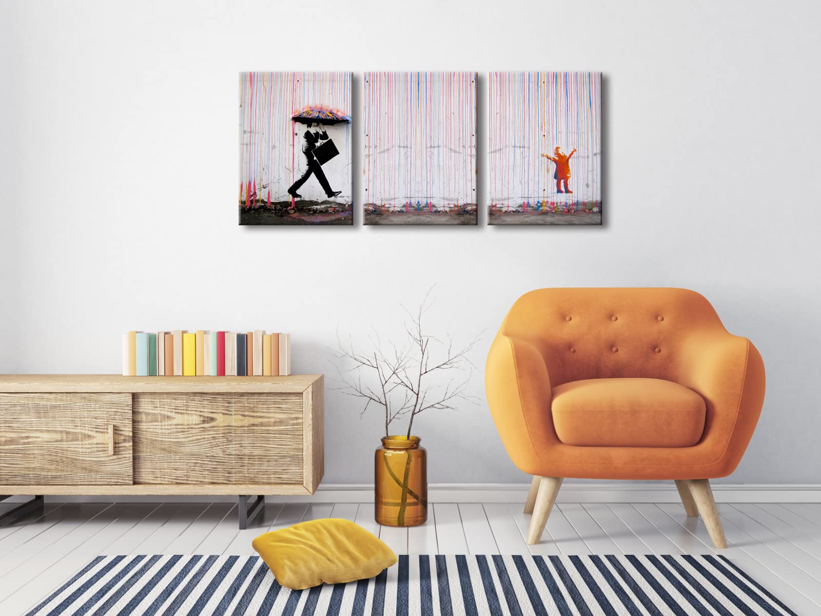 Wieco Art 3 Piece Banksy Famous Canvas Paintings Wall Art Raining Day Modern Inspirational Grey Love Pictures Print Artwork For