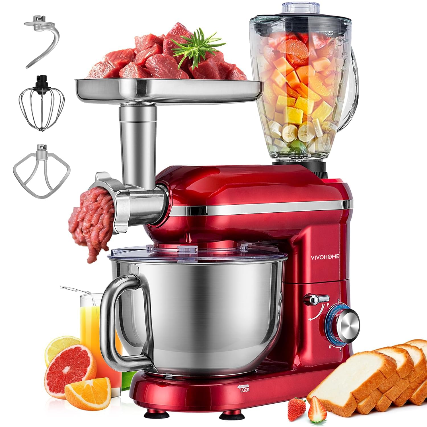 VIVOHOME 3-in-1 Stand Mixer, 6 Quart Electric Tilt-Head Kitchen Mixer with Bowl, Multifunctional Food Mixer with Meat Grinder an