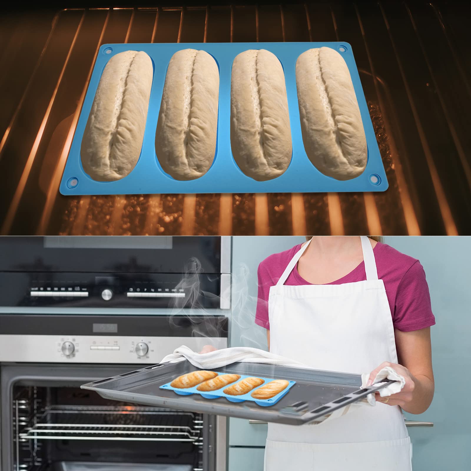 Canipha 2 Pack Hot Dog Bun Pan, Silicone Hot Dog Bun Molds Sausage Mold Nonstick & Heat Proof Baking Pan Bread Mold For Homemade
