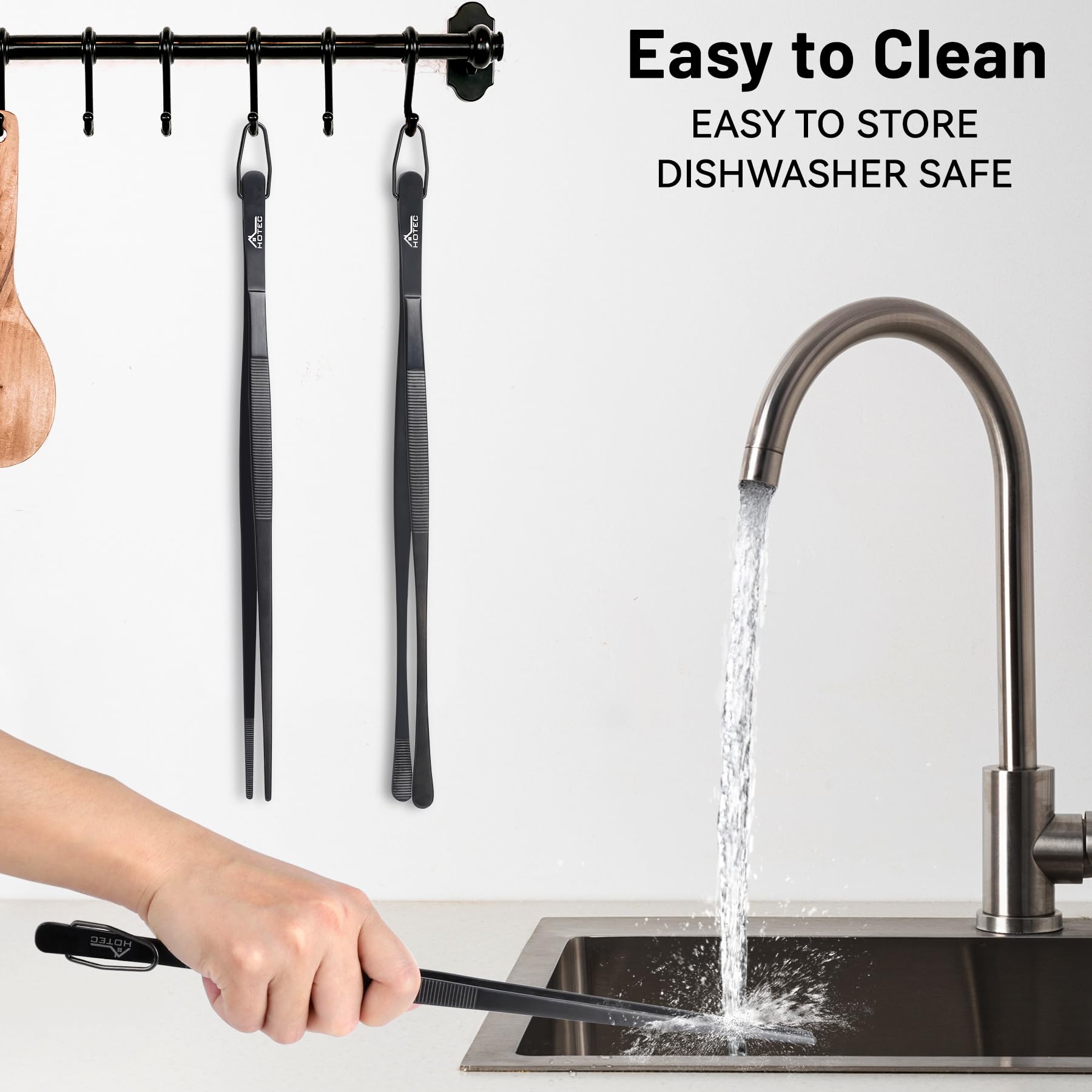 HOTEC 12-Inch Stainless Steel Kitchen Tweezers Set of 2 - Black with Hook, Professional Tongs for Cooking, Grill, and Baking