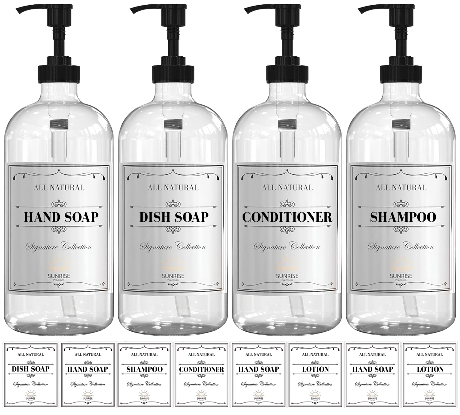 Sunrise Premium 16 Oz Clear Glass Soap Dispenser With Plastic Pump, Hand And Dish Soap Dispenser Set For Bathroom With 4 Waterpr
