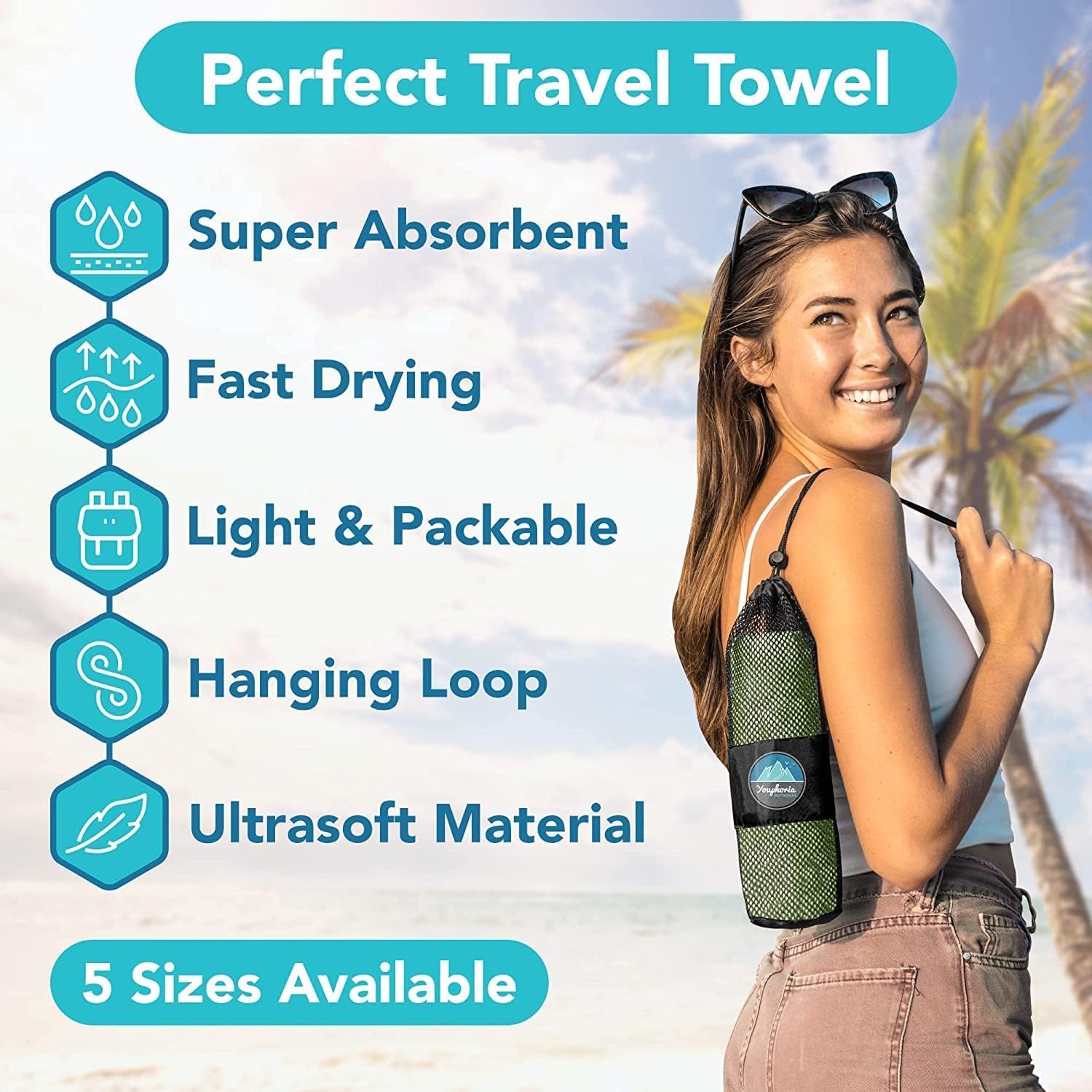 Youphoria Microfiber Travel Towel Fast Drying Lightweight - Quick Dry Towel For Camping, Beach, Backpacking, Hiking, & Sport