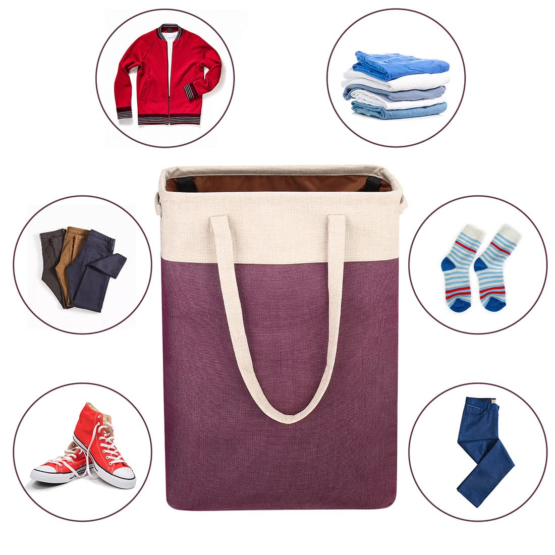 i BKGOO Laundry Basket with Handles Beige&Burgundy Slim Laundry Bin Collapsible Dirty Clothes Basket Narrow Laundry Bag Foldable Dirty Hamper for Camping  Dorms  Apartments