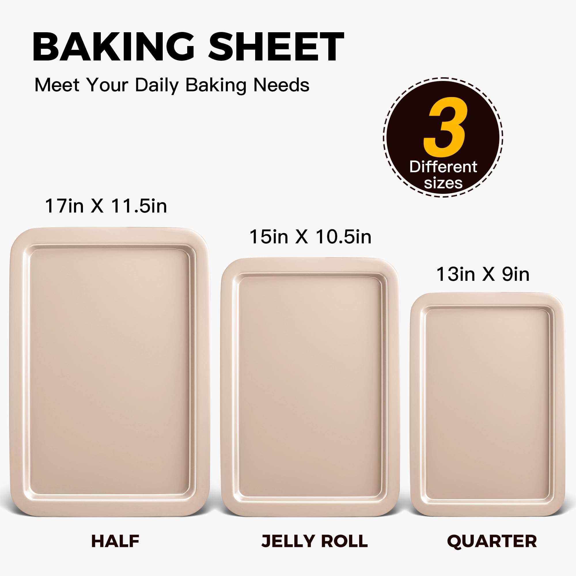 Hongbake Cookie Sheets, Baking Sheet Set, Nonstick Oven Pan With Wider Grips, 3 Pack Half/Jelly Roll/Quarter Baking Tray, Premiu