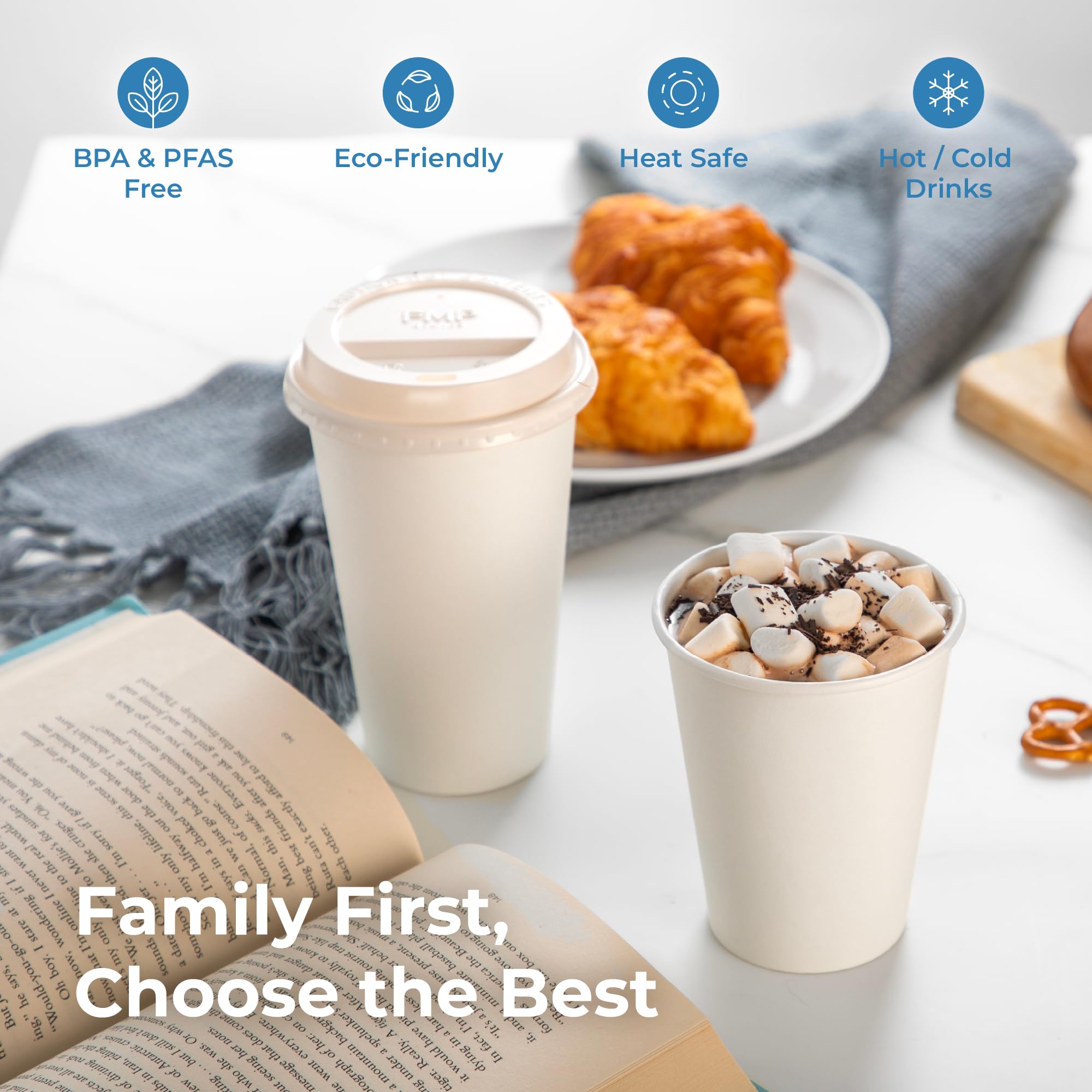Fit Meal Prep 100 Pack 12 Oz Disposable Paper Coffee Cups, Premium Hot Cups For Hot/Cold Beverage, Durable Thickened White Paper