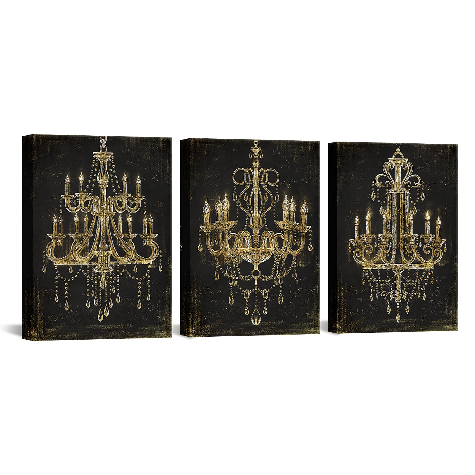 Ihappywall 3 Pieces Black And Gold Chandelier Canvas Wall Art Abstract Diamond Chandelier Crystal Lamp Picture Artwork For Home