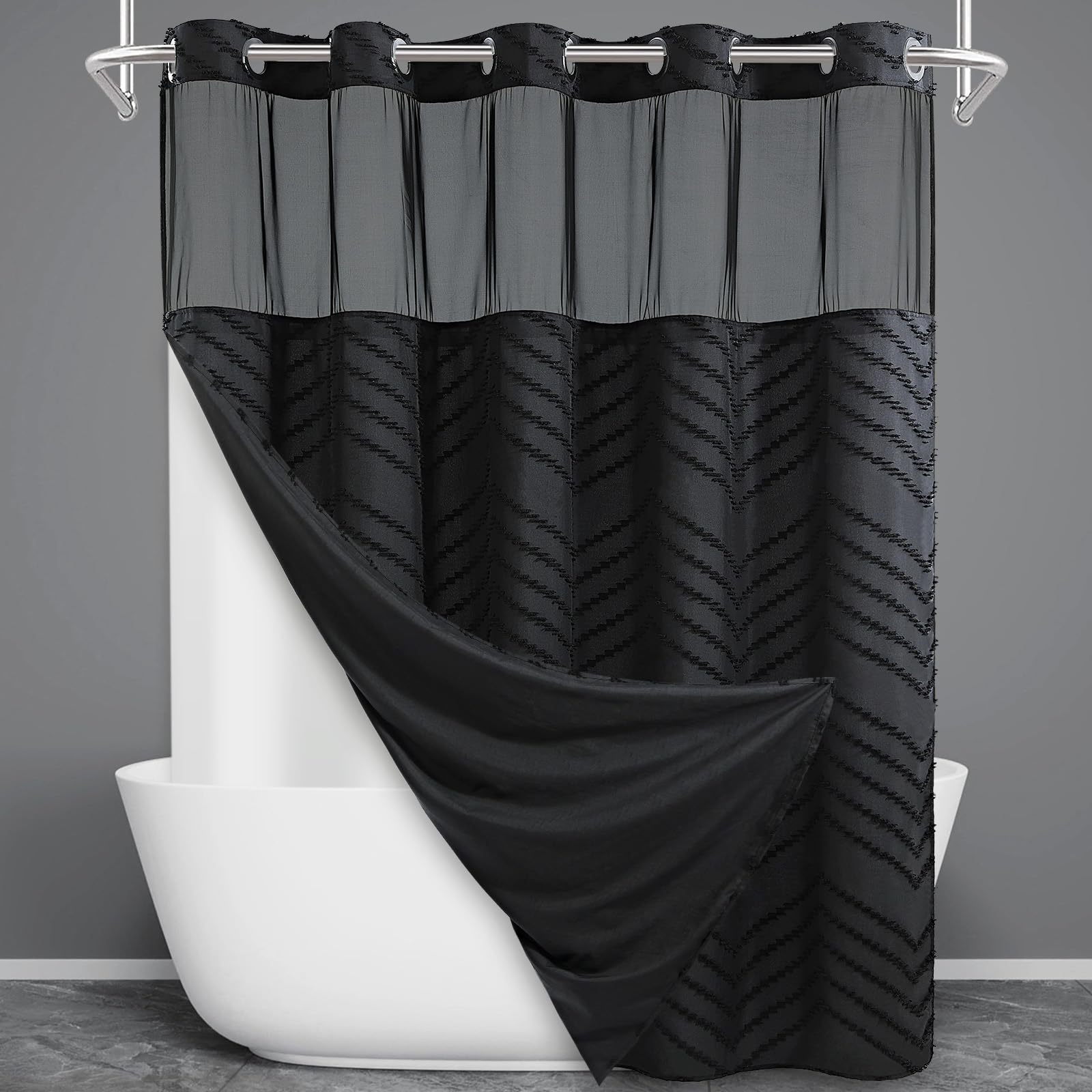 Wonicy Extra Long No Hook Shower Curtain With Snap In Liner, Tufted Chevron Striped Shower Curtain Set For Bathroom, Boho Waterp