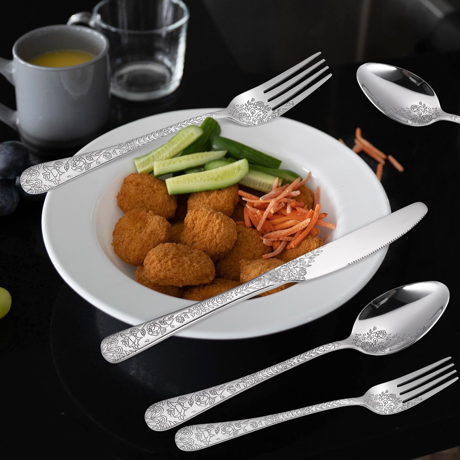A · HOUSEWARE Floral Silverware Set, 30-Piece Stainless Steel Cutlery, Silver, Engraved Rose Design for Home & Restaurant Use