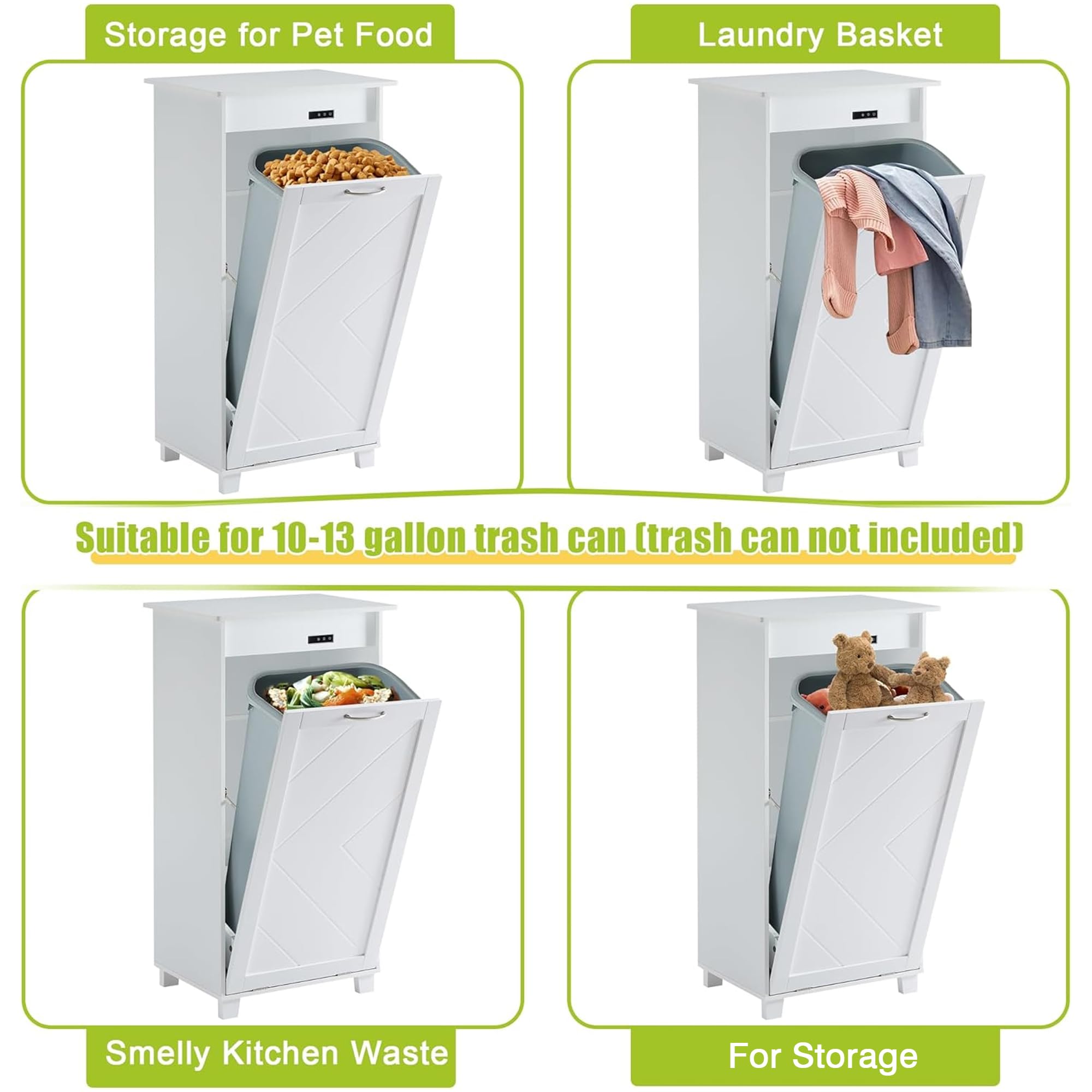 Vecelo Tilt Out Kitchen Trash Bin Cabinet, Dog Proof Garbage Can With Wood Holder Free Standing Recycling, White