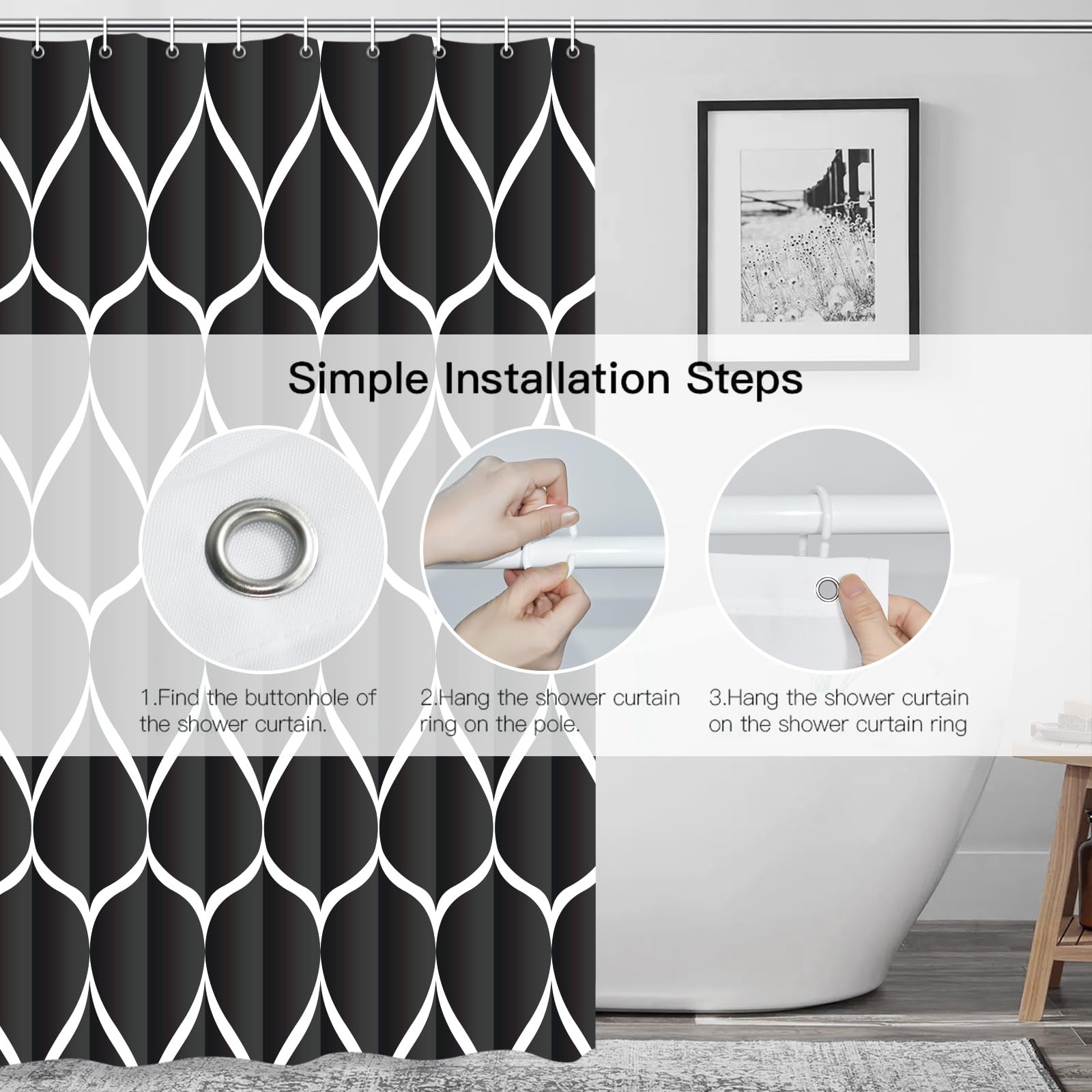 Gelbchu Black 72 X 72 Inch Cloth Shower Curtain, Waterproof Design And Polyester, Quick-Drying, Heavy Duty Shower Curtains Set F