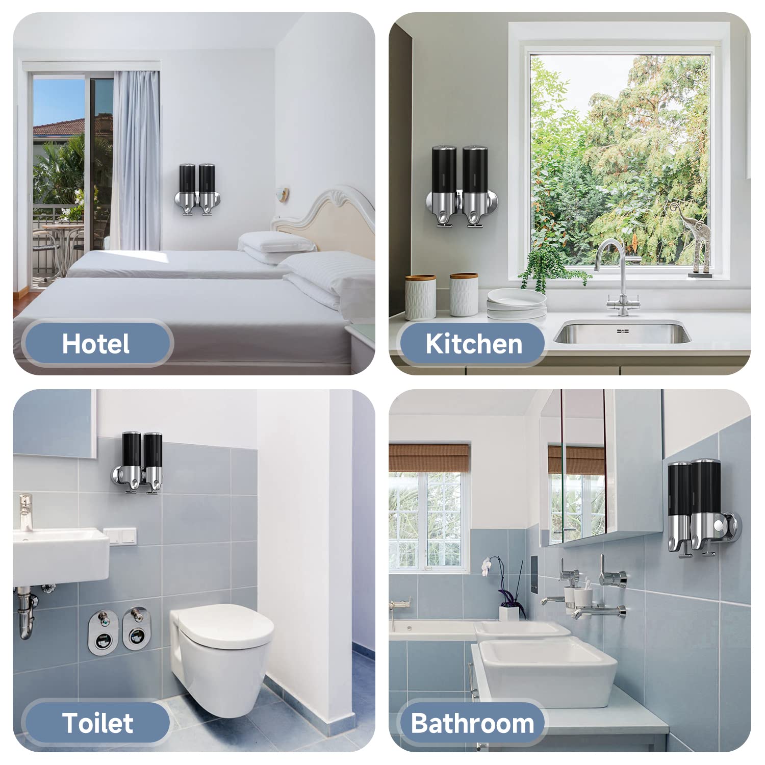 2 in 1 Chamber Wall Mounted Bathroom Shower Pump Dispenser and Organizer-Holds Shampoo  Soap  Conditioner  Shower Gel  for Bathroom Kitchen Hotel (Black)