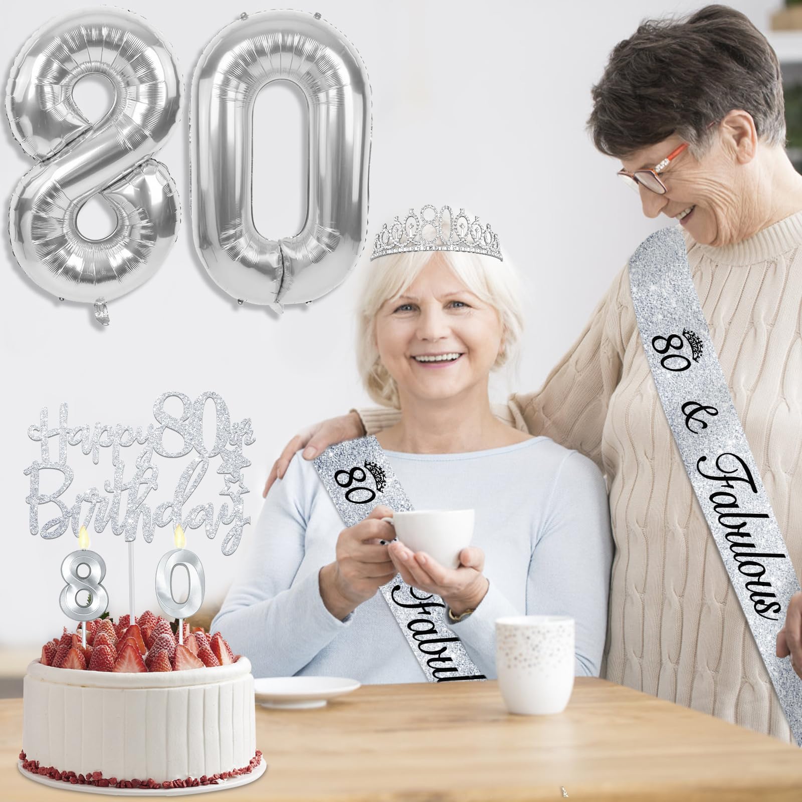 80th Birthday Decorations for Women Silver with 80th Birthday Sash and Crown, Cake Topper and Candles, Silver Number Balloons, 8