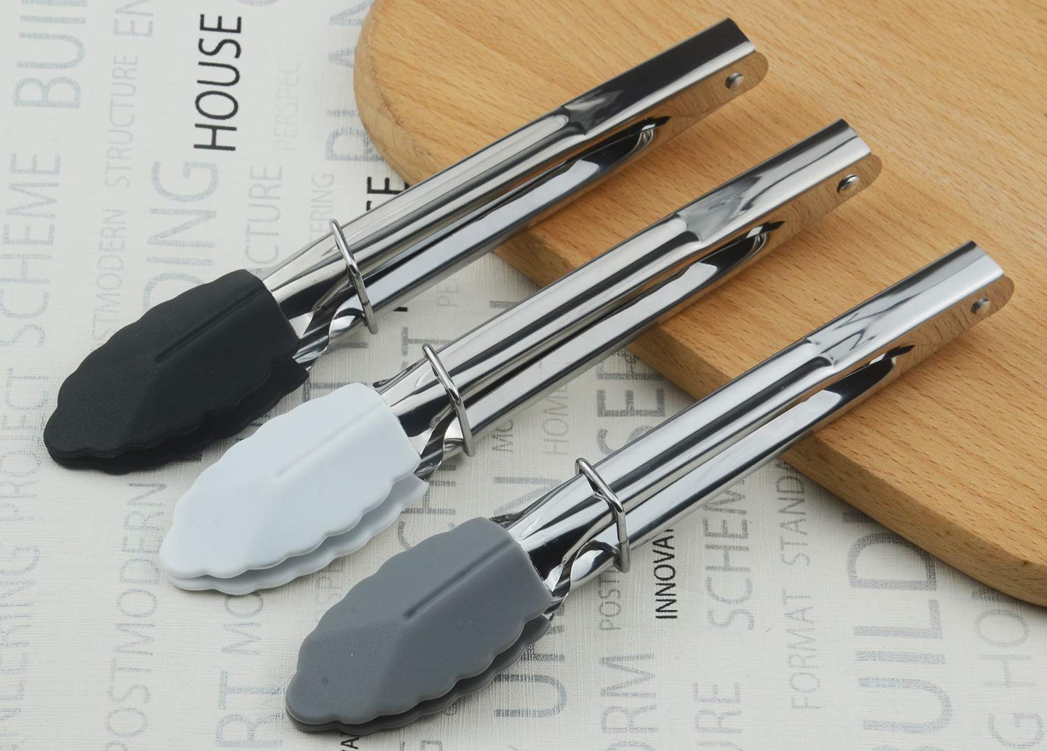 Hinmay Mini Tongs With Silicone Tips 7-Inch Small Serving Tongs, Set Of 3 (Black White Gray)