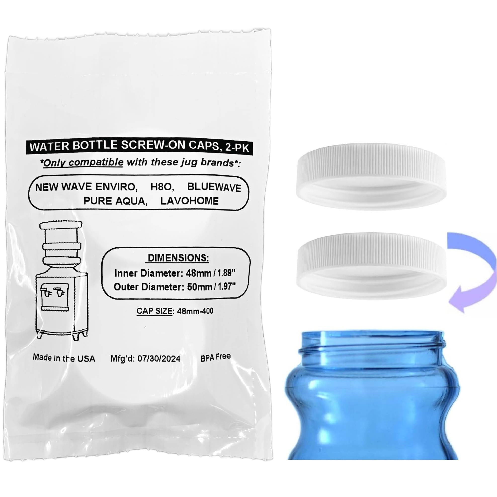 Screw-On Caps Compatible with 1-5 Gallon Bluewave  New Wave Enviro  PureAqua Brand Water Jugs  48mm Size Bottle Lids  2pk