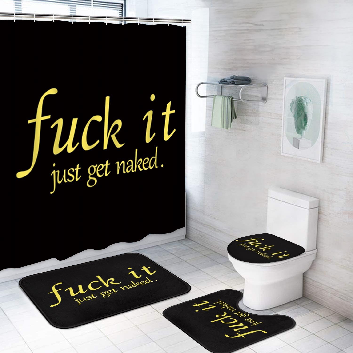 Artsocket 4Pc Black Funny Get Naked Shower Curtain Sets Bathroom Decor With Rugs, Non-Slip Rug,Toilet Lid Cover, Bath Mat And 12