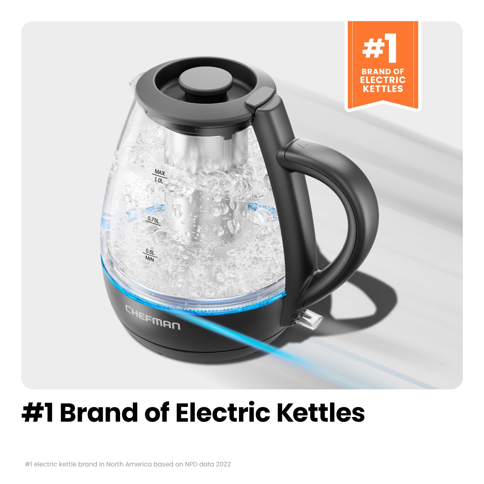Chefman Electric Kettle With Tea Infuser, 1L 1500W, Removable Lid For Easy Cleaning, Boil-Dry Protection, Stainless Steel Filter