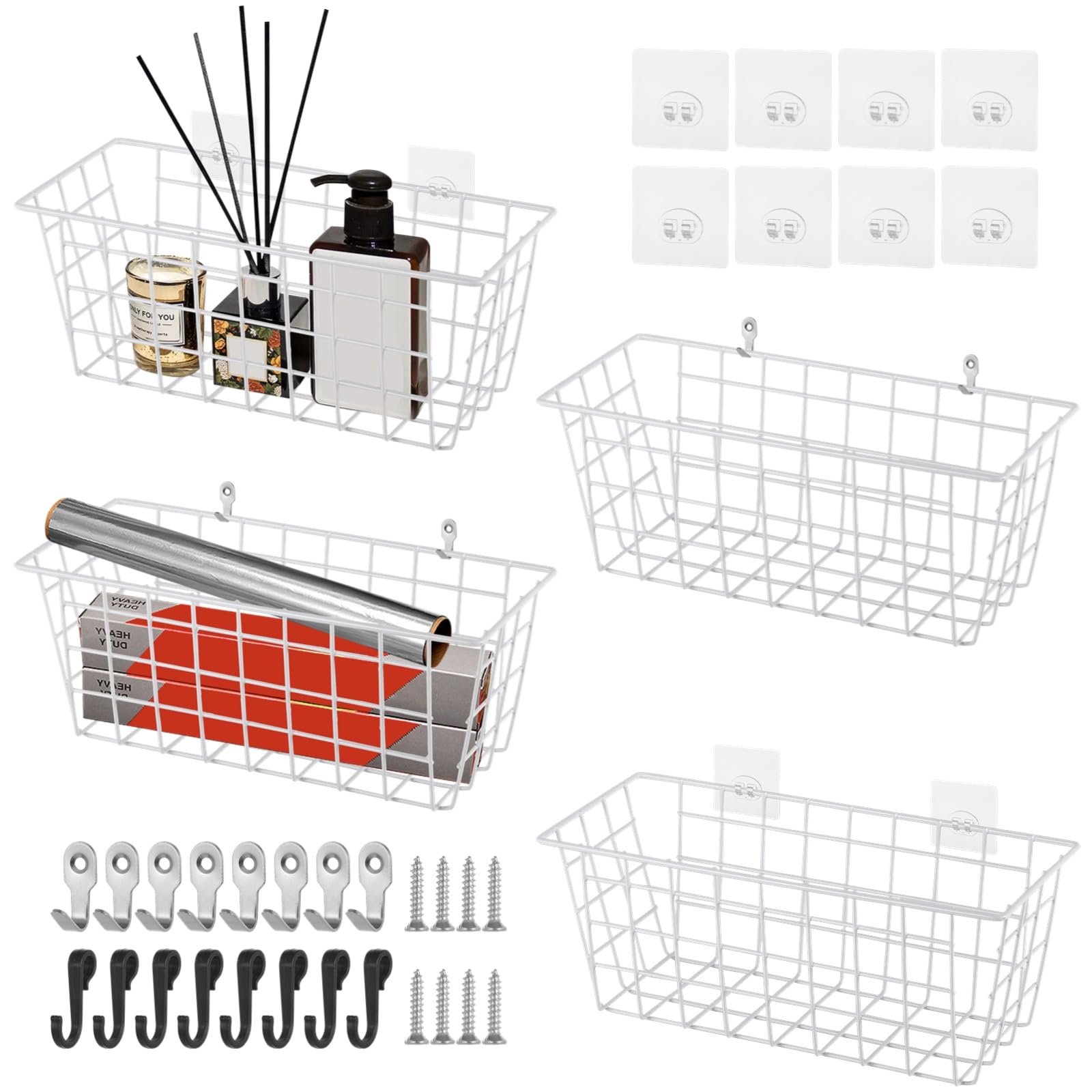 4PCS Hanging Wall Basket Wire Storage Baskets, White Wire Basket for Cabinet Door Organizer with 8 Hooks, Wall Mounted Shelf for