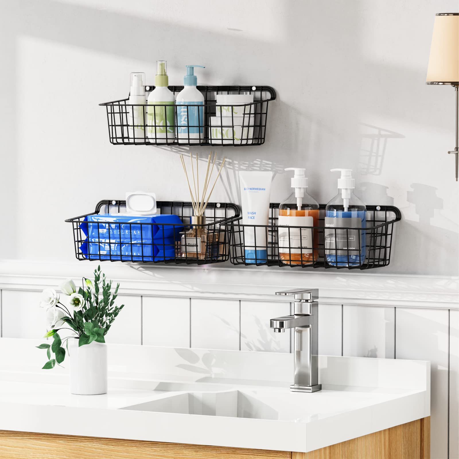 Wall Basket, Packism 4 Pack Small Bathroom Organizer Sturdy Durable Bathroom Storage Organizer Partition Storage Add Extra Stora