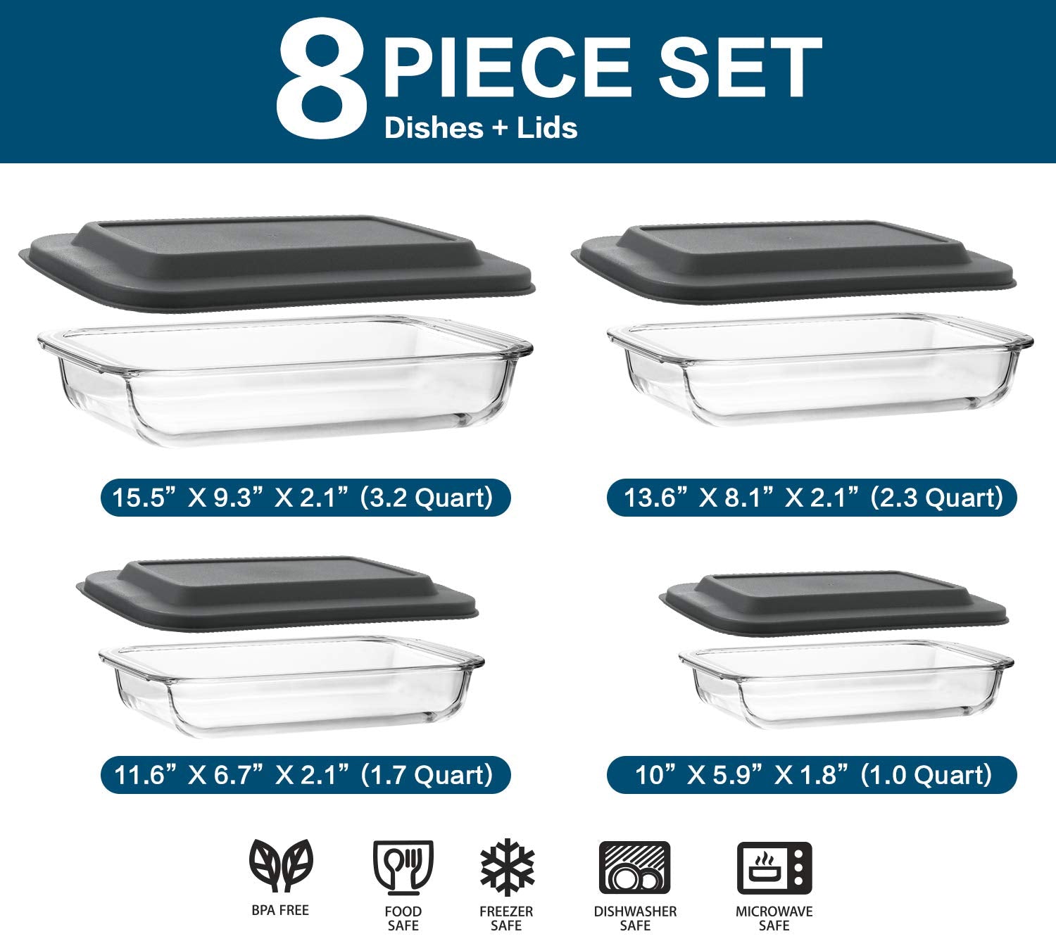 8-Piece Deep Glass Baking Dish Set with Plastic lids Rectangular Glass Bakeware Set with Lids  Baking Pans for Lasagna  Leftovers  Cooking  Kitchen  Freezer-to-Oven and Dishwasher  Gray