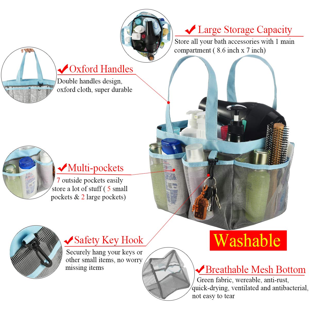 Haundry Mesh Shower Caddy Tote  Large College Dorm Bathroom Caddy Organizer with Key Hook and 2 Oxford Handles  8 Basket Pockets for Camp Gym