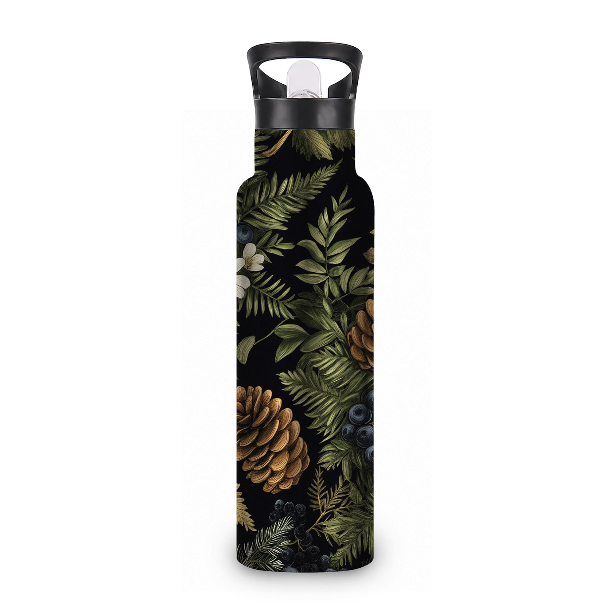 ICRICR Insulated Water Bottle,Berry Botanical 20 oz Stainless Steel Water Bottles with Straw Lid,Green Leaves Leak Resistant Dou
