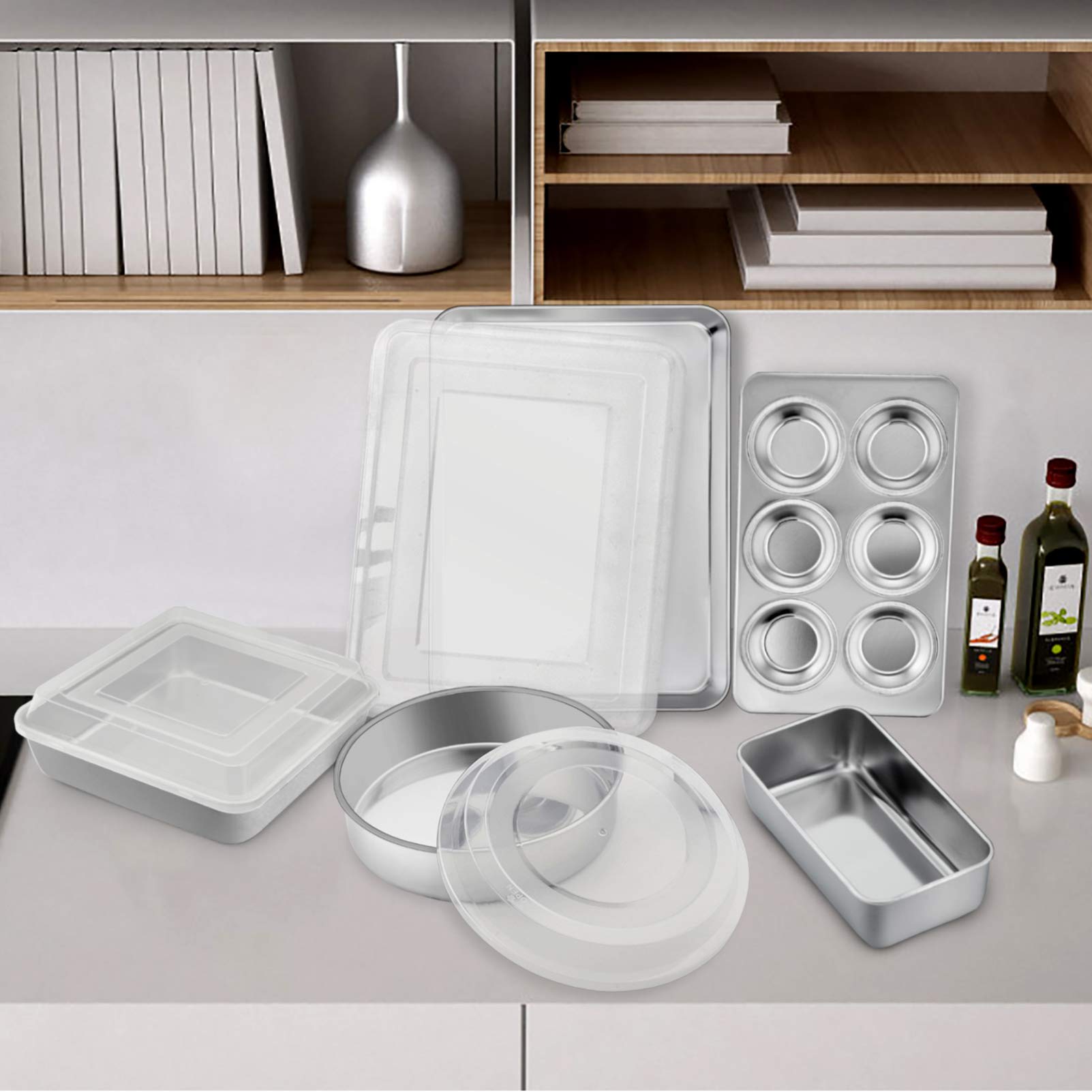 Teamfar Stainless Steel Bakeware Set Of 8, Baking Roasting Pan Set With Lid, Lasagna Pan With Lid, Square & Round Cake Pan, Loaf