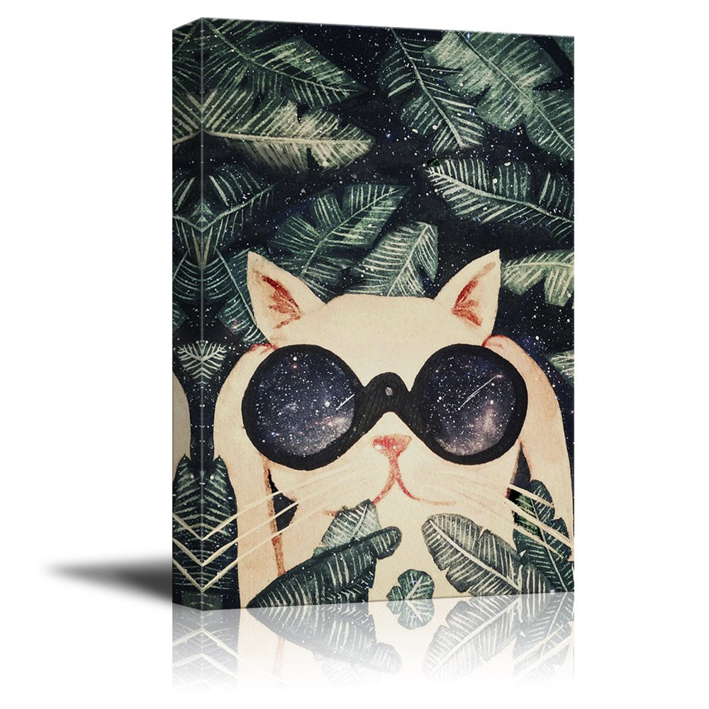Wall26 Canvas Wall Art - Vintage Watercolor Style Cat With A Cool Telescope Under Starry Night With Big Tropical Leaves - Giclee