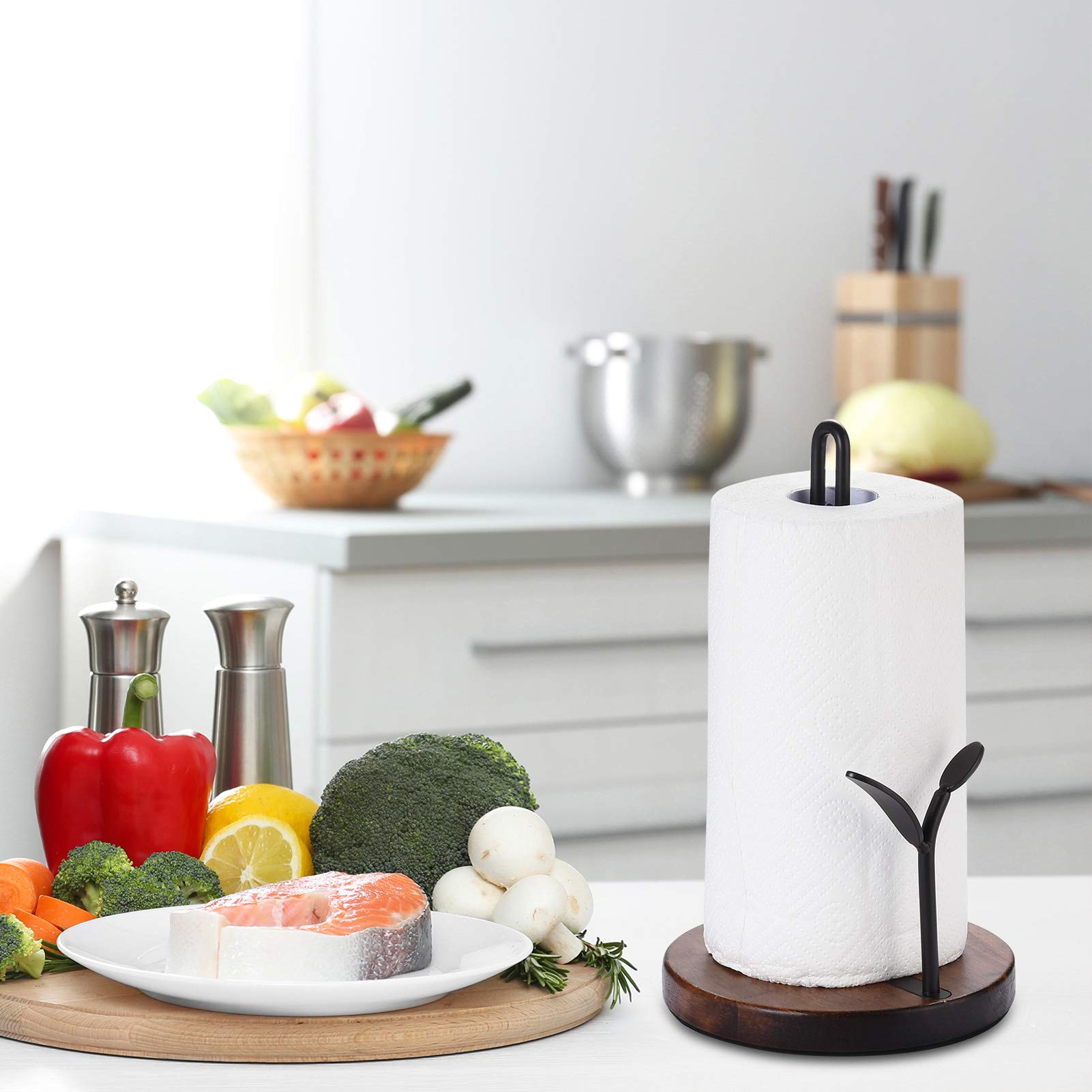 Standing Paper Towel Holder, Kitchen Paper Hanger Rack, Simply Tear Wooden Paper Towel Organizer Roll Dispenser For Cabinet Coun