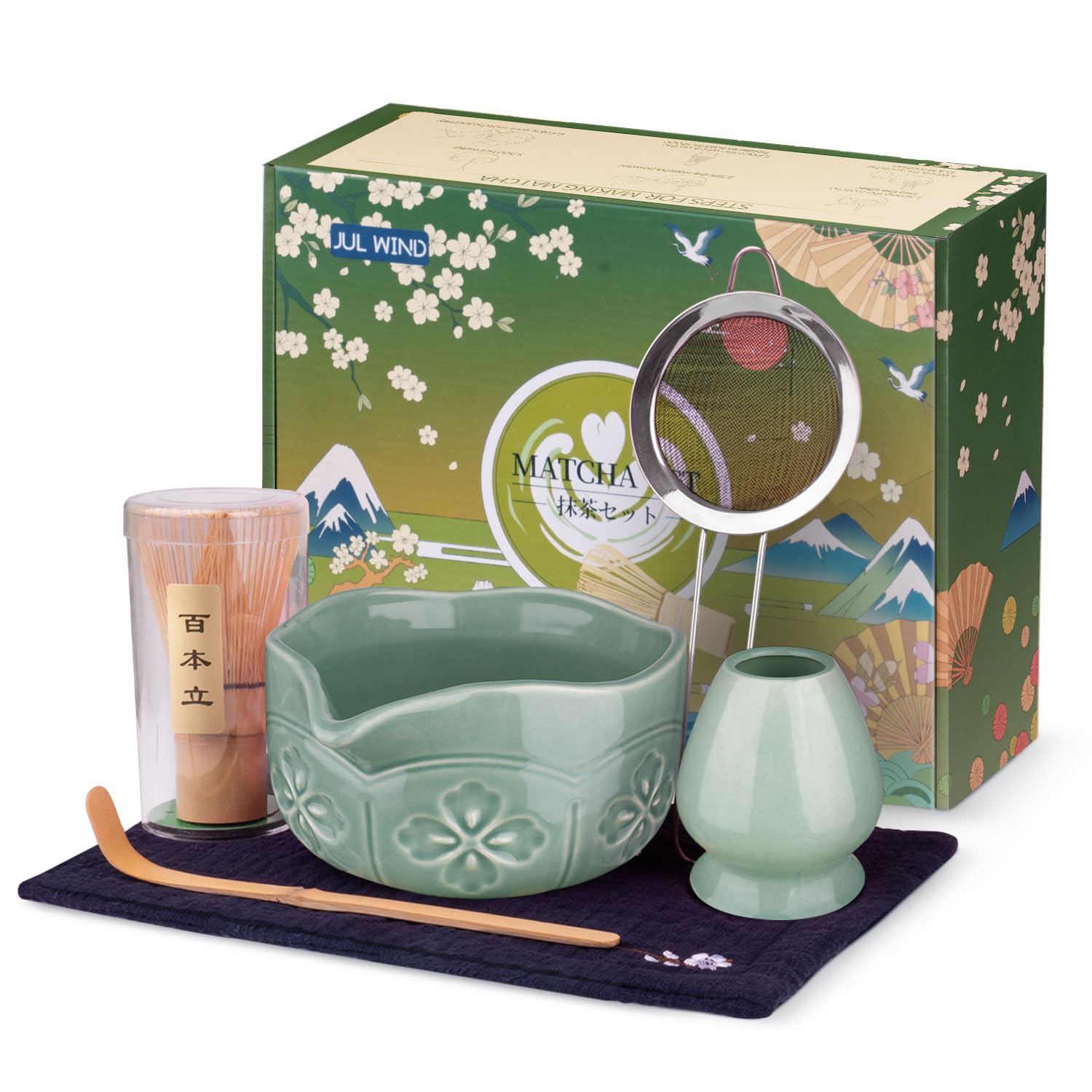JUL WIND Matcha Whisk Set, Ceramic Matcha Bowl, Bamboo Whisk, Scoop, Sifter, Holder, Tea Towel - 6 Pcs Matcha Kit Gift for Match