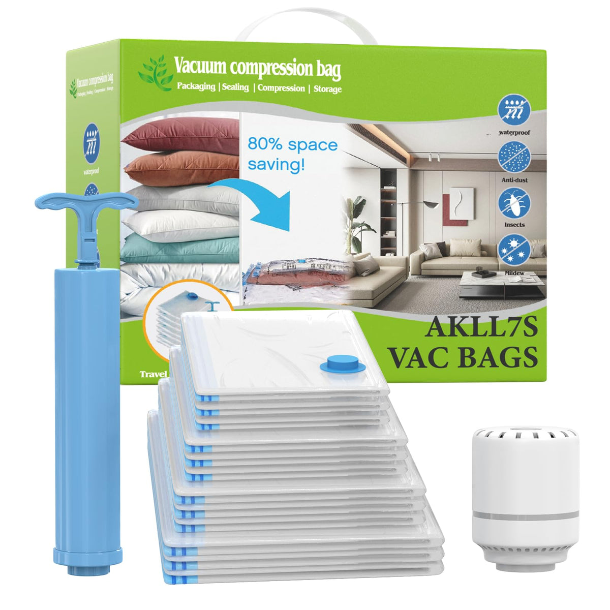 Akll7S Vacuum Storage Bags With Electric Air Pump, 12 Pack Space Saver Bags(3 Jumbo, 3 Large, 3 Medium, 3 Small) Vacuum Seal Bag