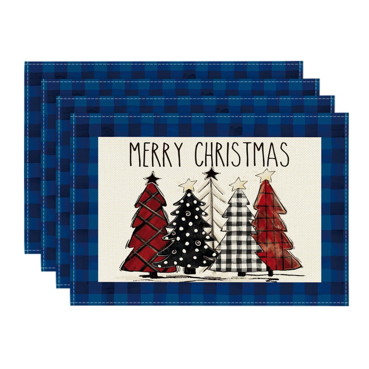 Artoid Mode Blue Waterclor Buffalo Plaid Christmas Trees Placemats Set Of 4, 12X18 Inch Winter Table Mats For Outdoor Home Party