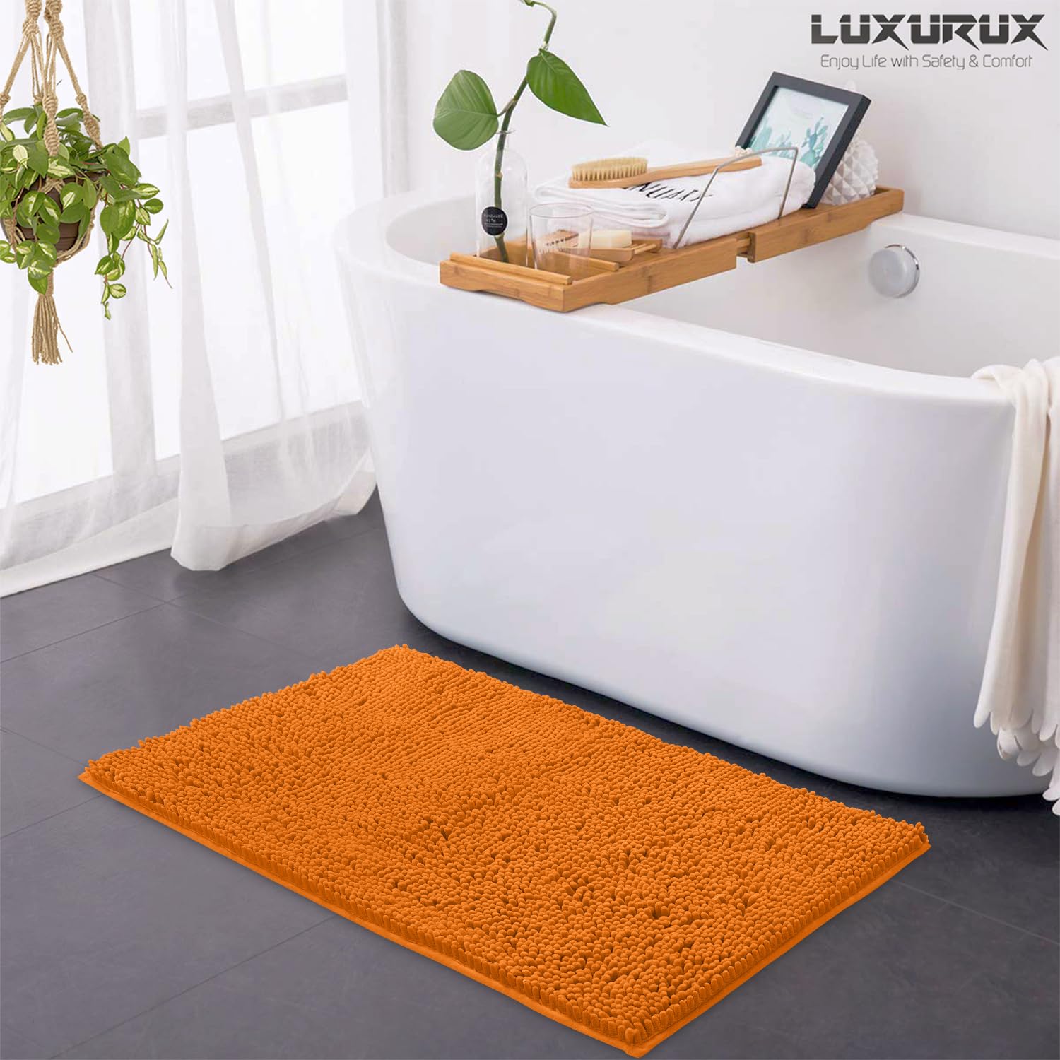 LuxUrux Halloween Bathroom Rug  36 ' 'x 24 ' ' Soft Absorbent Orange Bathroom Rug  Chenille Microfiber Material  Super Absorbent Shaggy Bath Rug. Machine Wash & Dry  Orange.