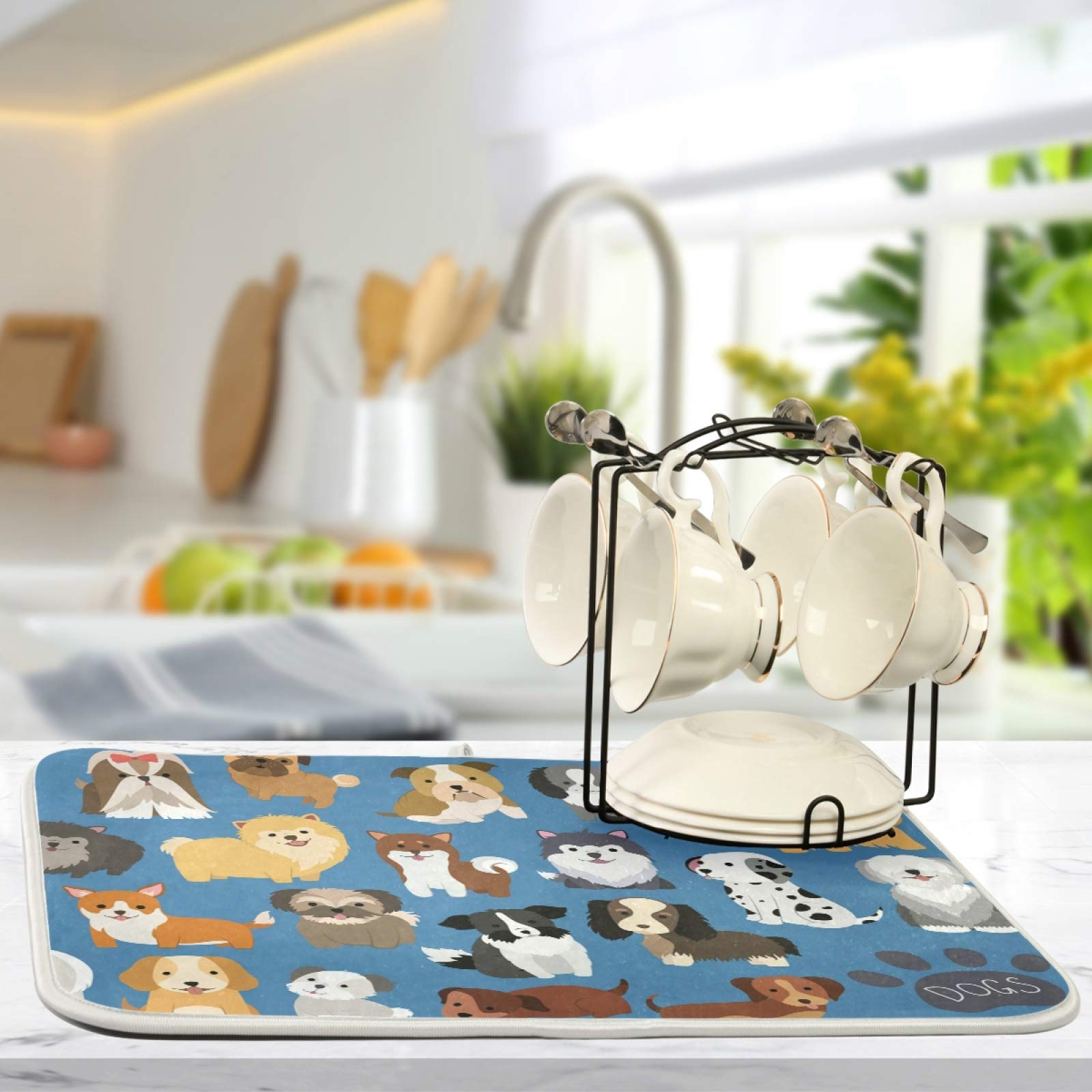 Blue Puppy Dogs Dish Drying Mat For Kitchen Counter 18X24 In Cute Animal Microfiber Drying Mats Absorbent Reversible Dish Pad La