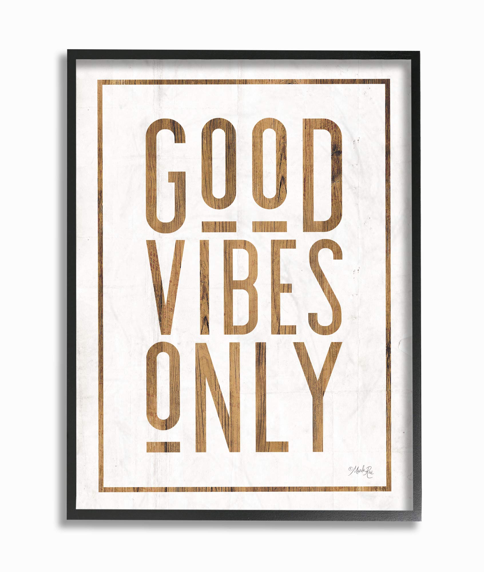 Stupell Industries Good Vibes Only Rustic White and Exposed Wood Look Sign Black Framed Wall Art, 24 x 30, Multi-Color