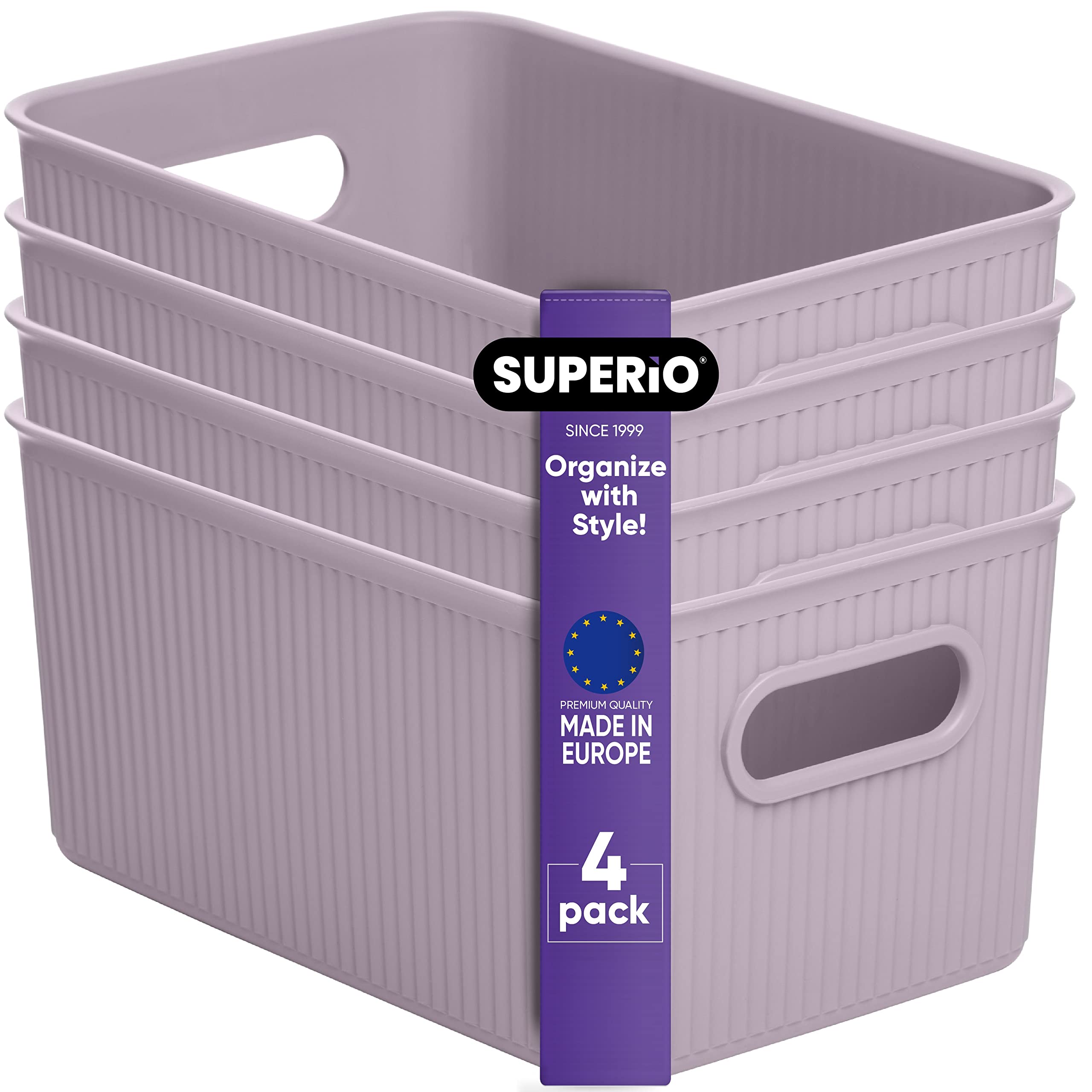 Superio Ribbed Collection - Decorative Plastic Open Home Storage Bins Organizer Baskets, Medium Lilac Purple (4 Pack) Container