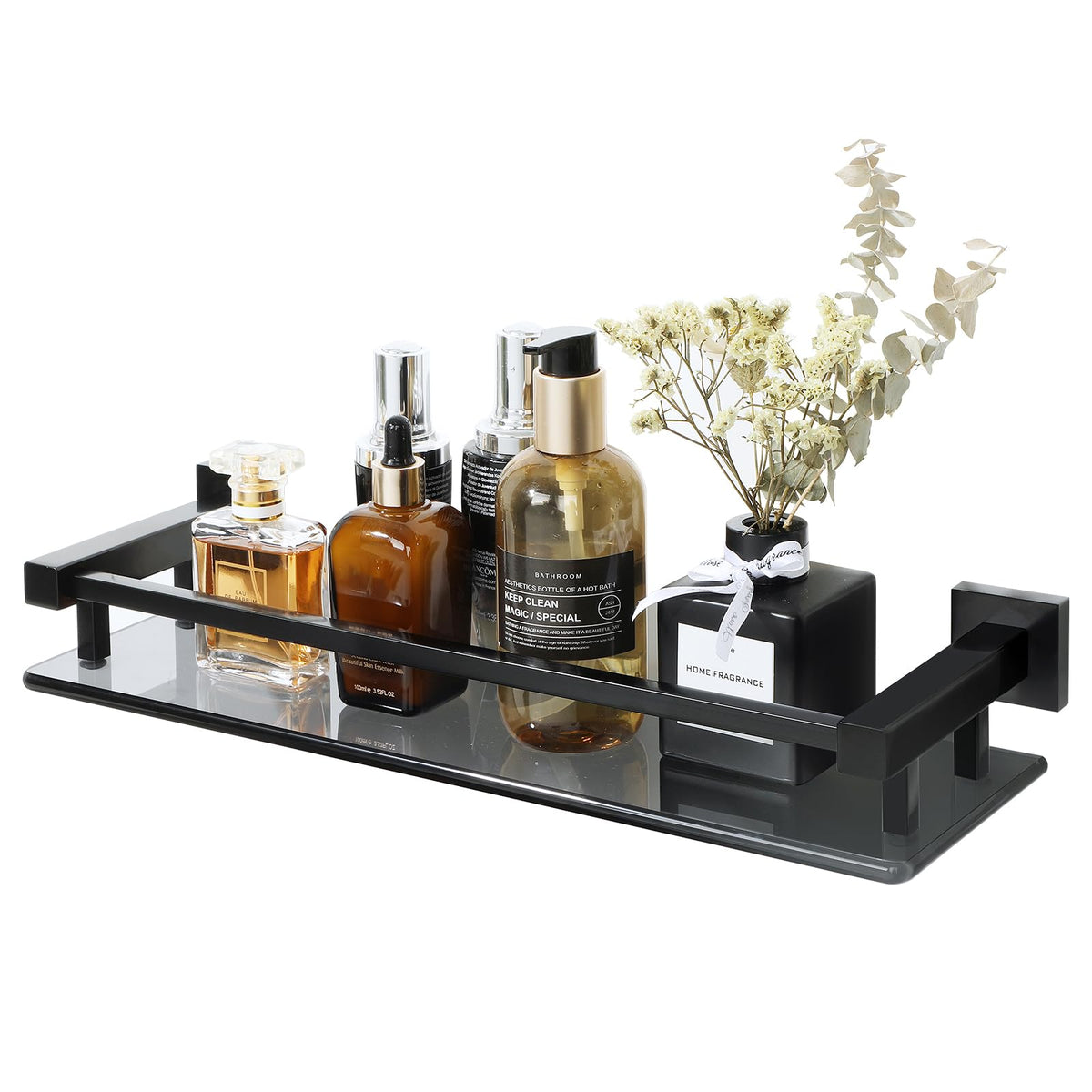 Alise Glass Bathroom Shelf, Matte Black Tempered Glass Shelves For Bathroom, Stainless Steel Modern Bathroom Floating Shelves Wa