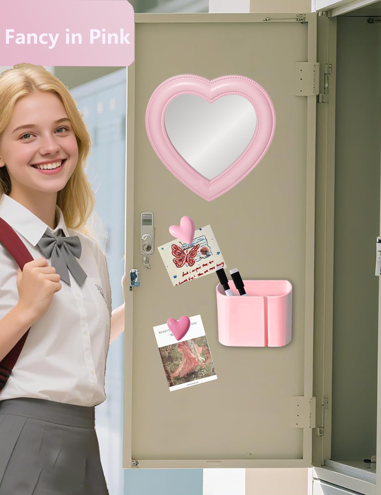 Dizgyuwei Heart Magnetic Locker Mirror For Girls, 6.9X7.3 Real Glass Mirror Magnetic For School Locker, Locker Accessories Makeu