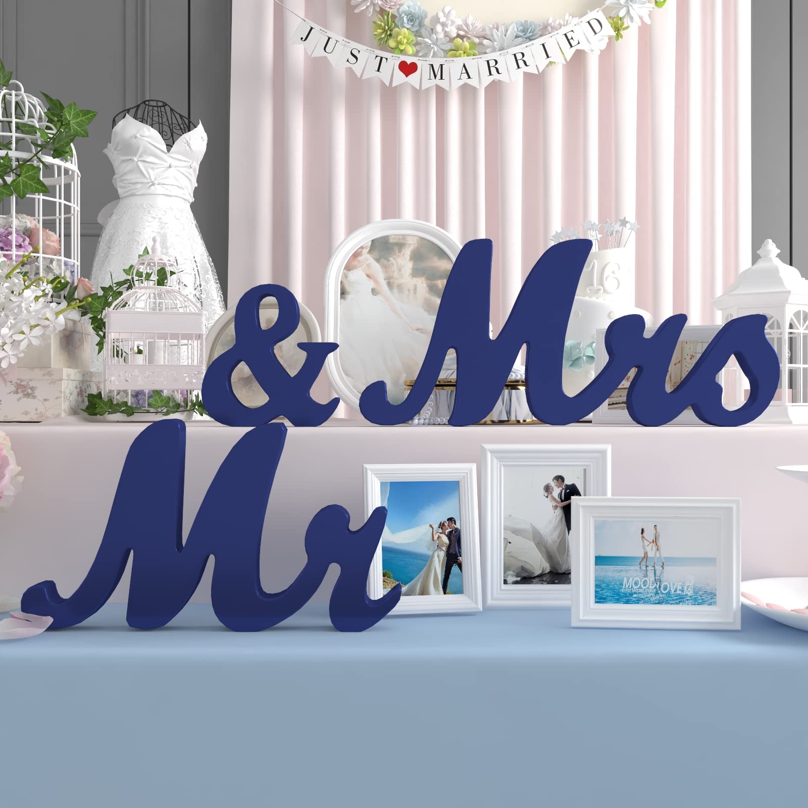 Viopvery Wedding Decorations Set,Large Blue Mr And Mrs Sign & Just Married Banner,Mr & Mrs Signs For Wedding Table,Wooden Letter