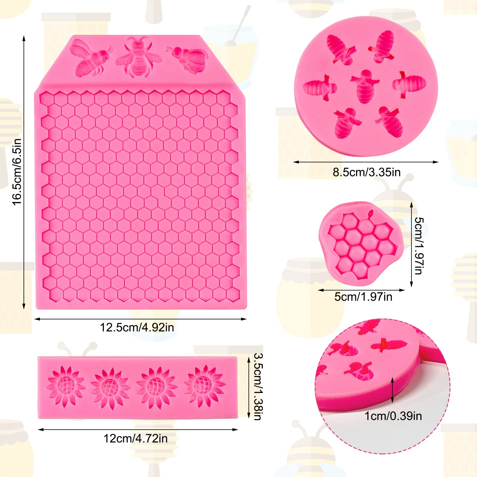 Rainmae 5 Pcs Bumble Bee Silicone Molds, Honeycomb Sunflower Fondant Mold, Beehive Silicone Baking Mold For Happy Bee Day Cake D