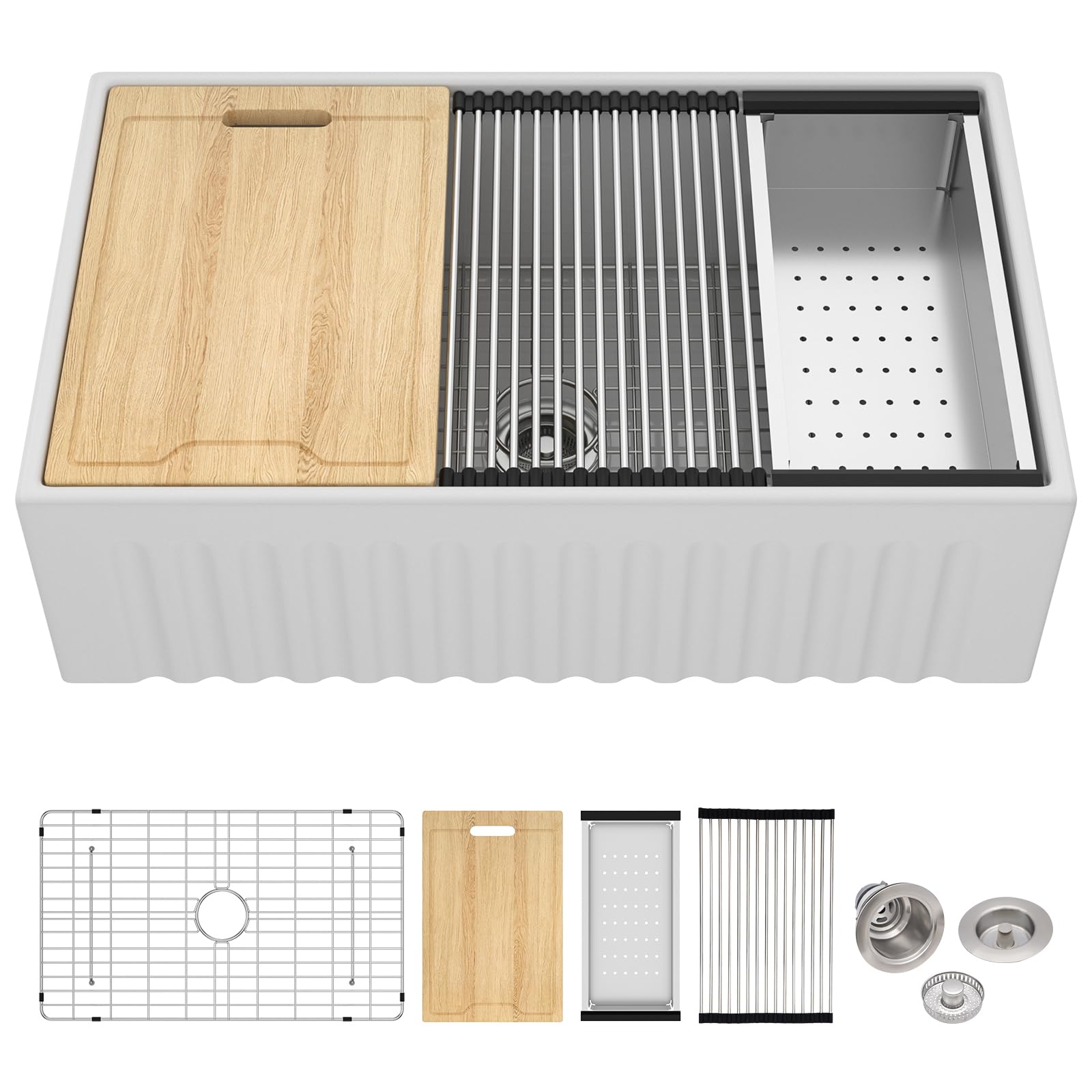 Lordear 33 White Farmhouse Sink Workstation Porcelain Farm Kitchen Sinks White Single Bowl Basin 33X20X10 Inch Large Bowl Sink