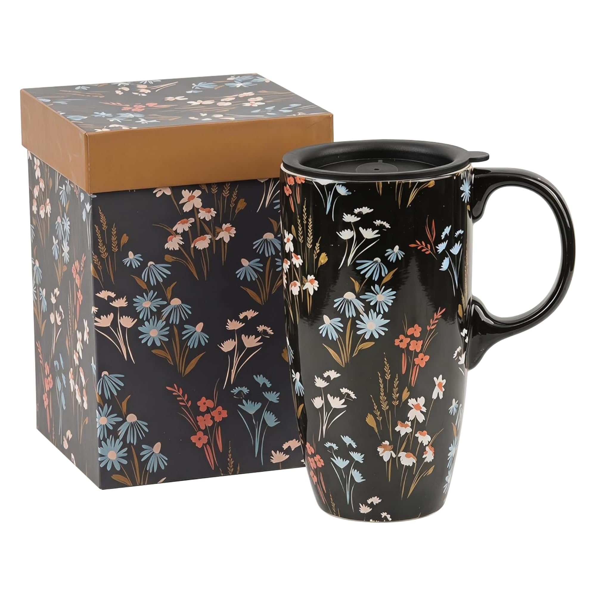 Topadorn 17oz Ceramic Travel Mug with Lid, Wildflower Floral Coffee Mug
