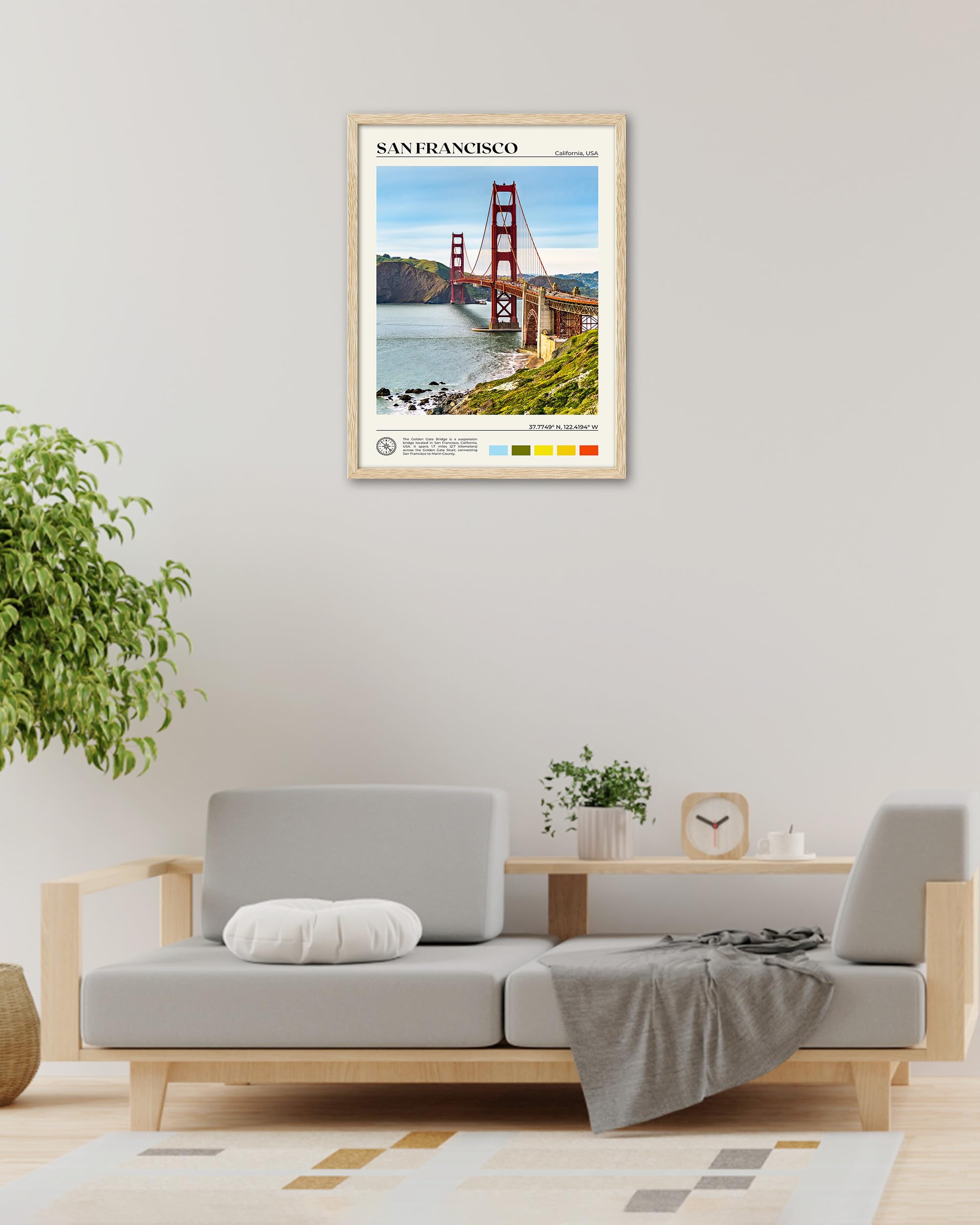 Hesendot Natural Oak Wood Golden Gate Bridge Framed Wall Art,12X16In San Francisco City Skyline Canvas Wall Print,Modern Urban L