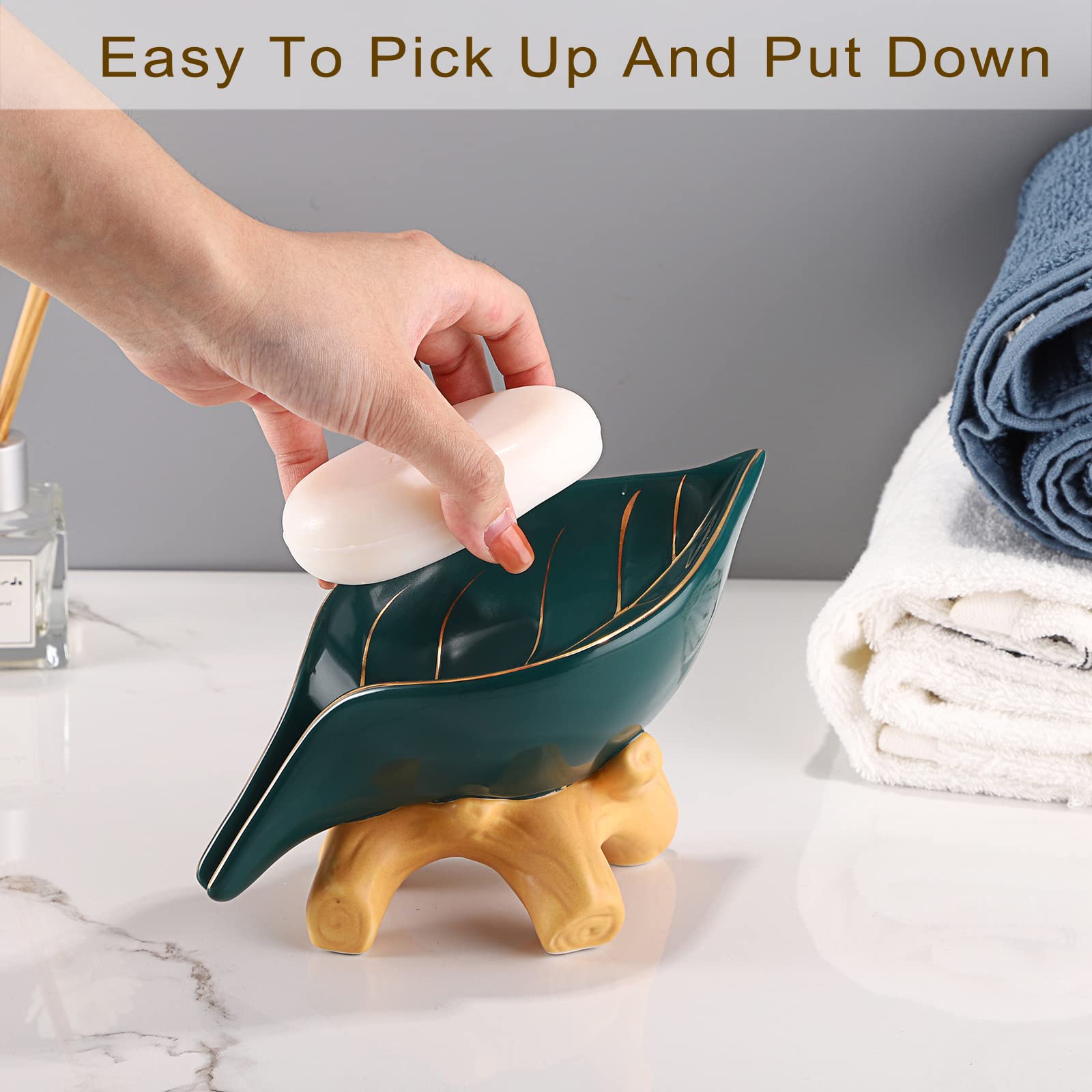 Juxyes Ceramic Soap Dish Holder Self Draining, Unique Waterfall Soap Dish Leaf Shape Decorative Soap Dish Tray Tabletop Drainabl
