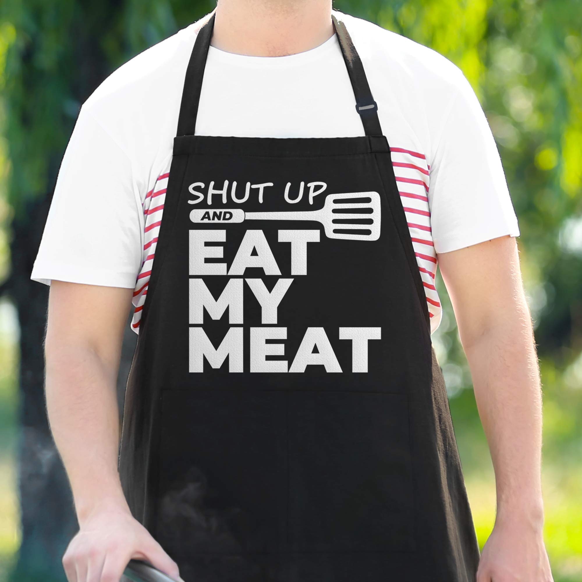 Funny Bbq Apron For Men - Shut Up And Eat My Meat - Adjustable Large 1 Size Fits All - Poly/Cotton Apron With 2 Pockets - Bbq Gi
